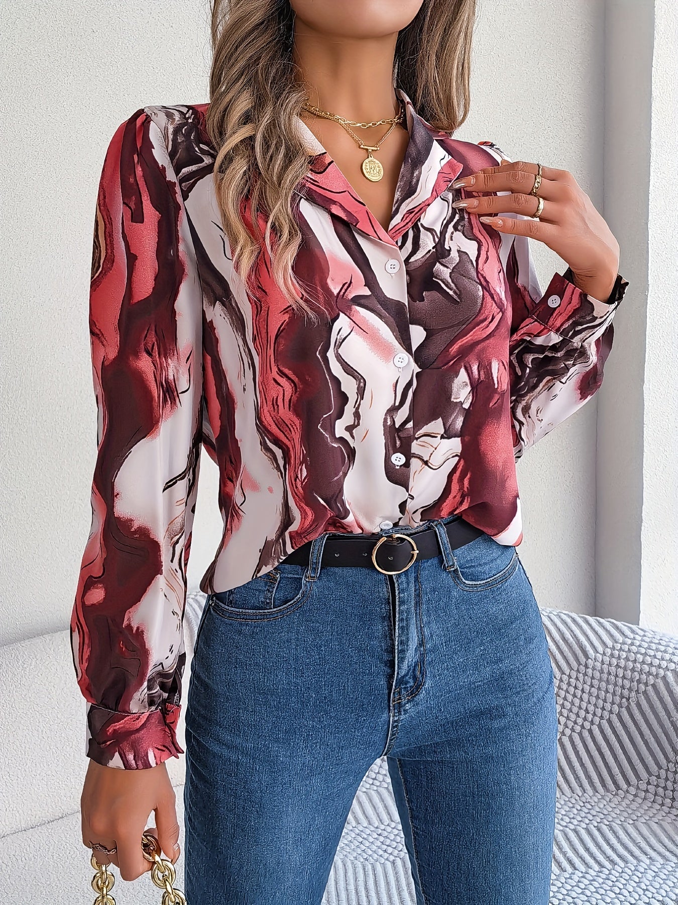 Graphic Print Button Front Shirt, Casual Long Sleeve Shirt