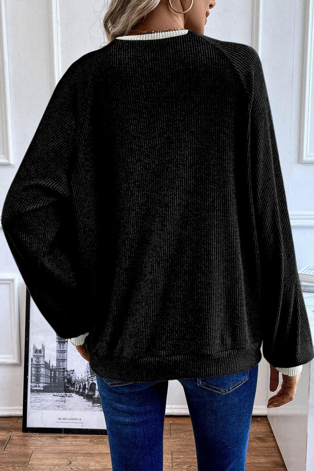 Black Color Contrast Ribbed Loose Fit Long Sleeve Top