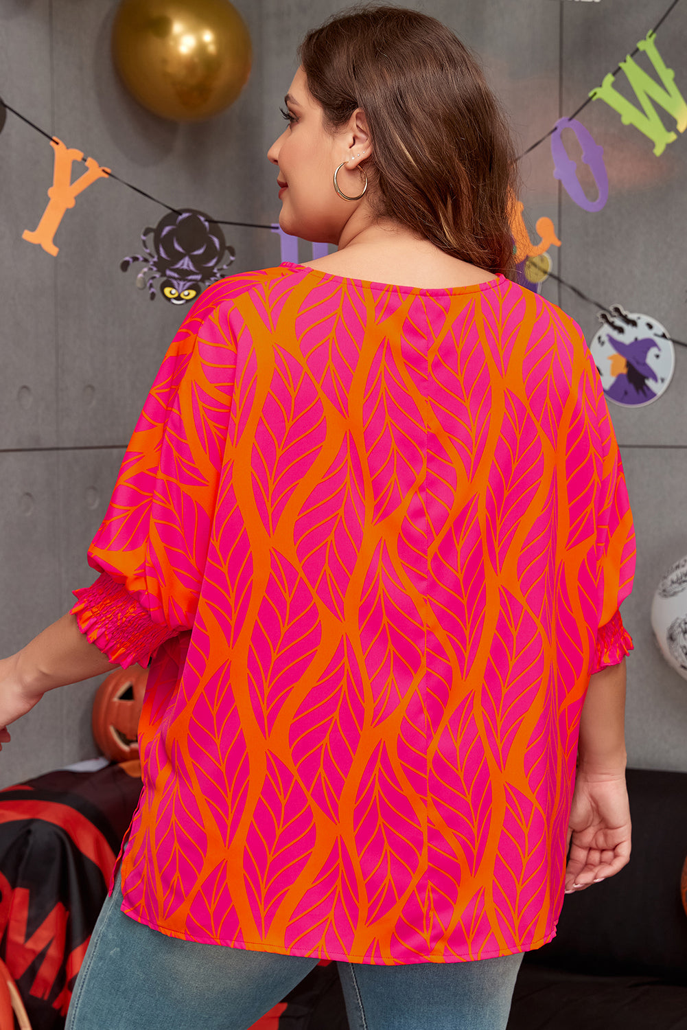 Rose Leafy Printed Smocked Lantern Sleeve Plus Size Blouse