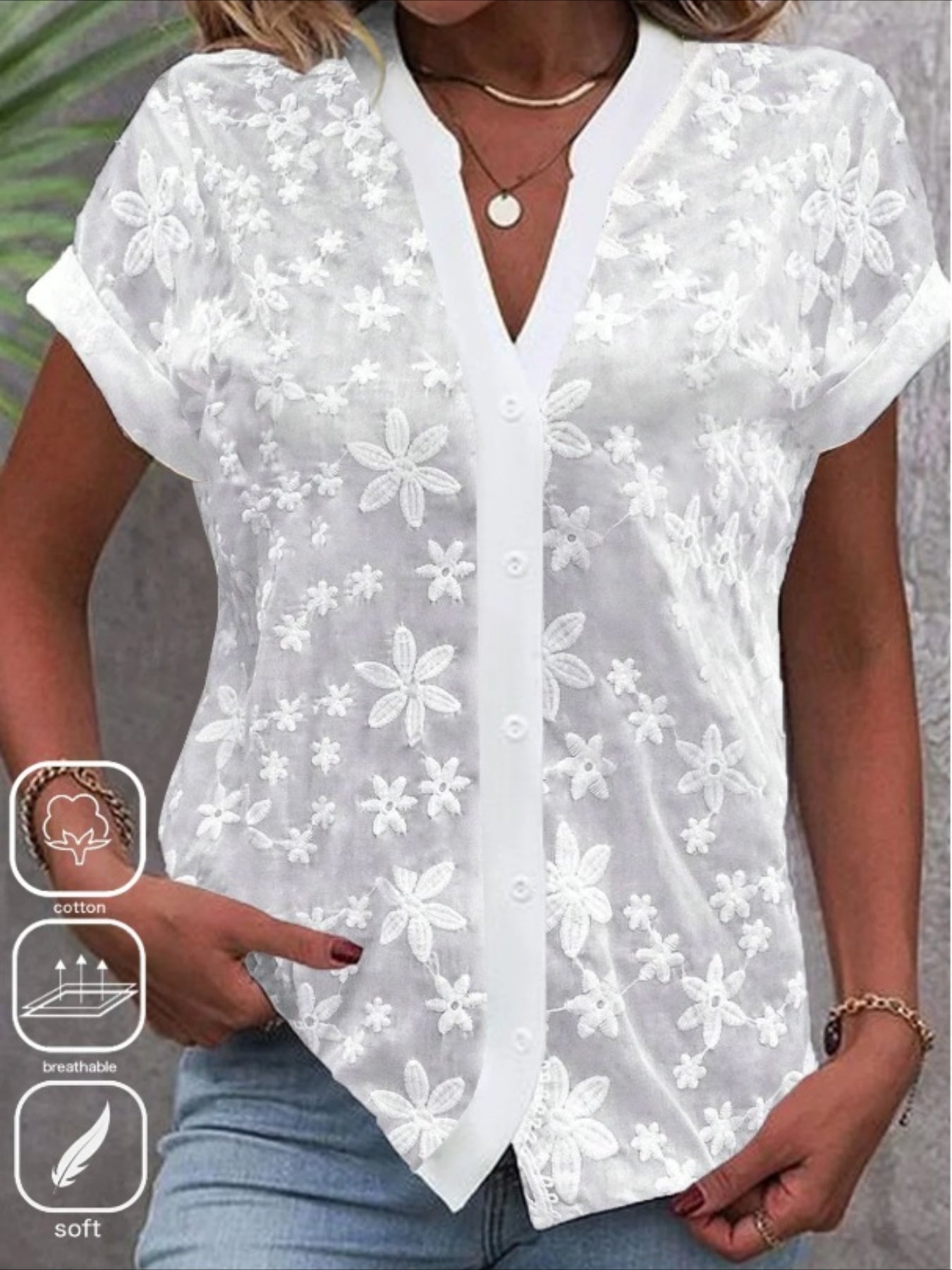 Plain Lace Buttons Street Daily Basic Modern V Neck  Solid Color Shirt
