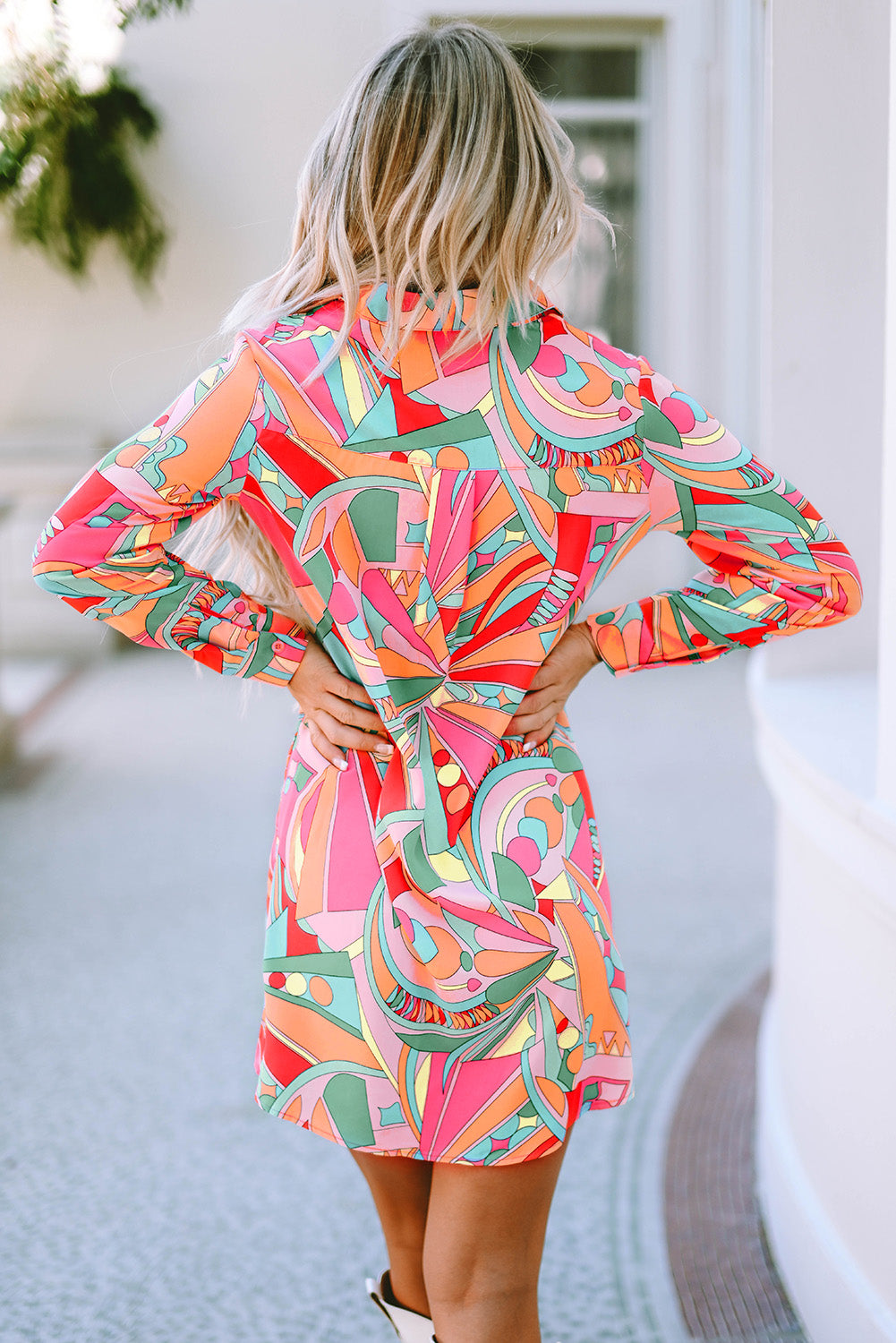 Multicolor Geometric Abstract Print Long Sleeve Shirt Dress