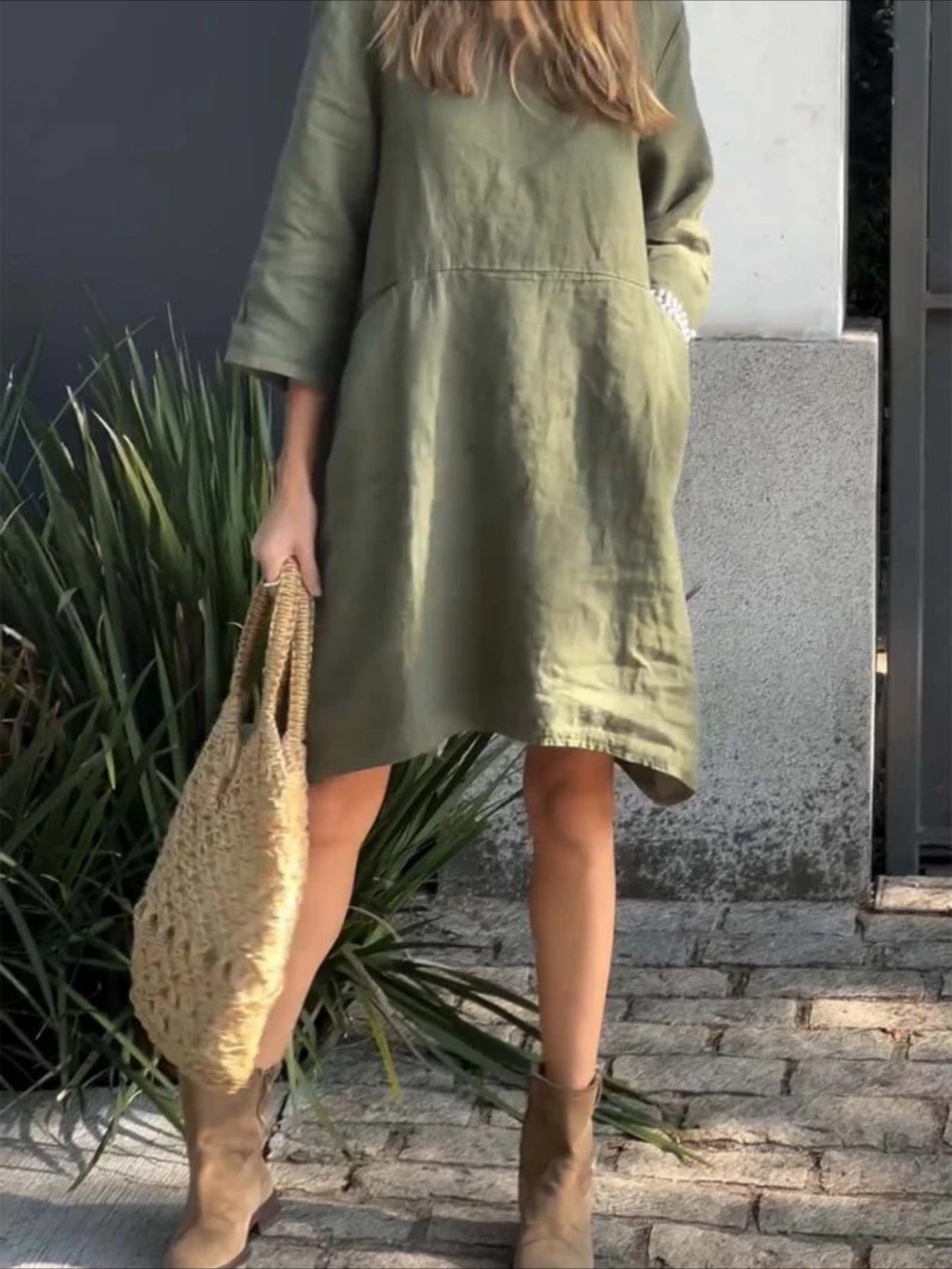 Loose Casual Cotton And Linen Plain Sweashirt Dress