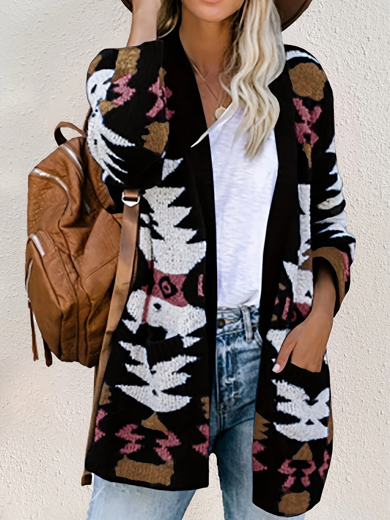 Stylish Women's Long Sleeve Ethnic Pattern Open Front Pocket Cardigan for Casual Wear