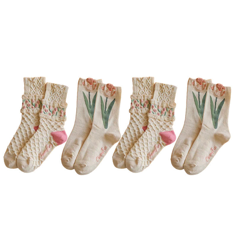 4pairs Floral Socks Set, Women Cute Flower Geometric 3D Textured Ankle Cotton Blend Cottagecore Lucky Socks
