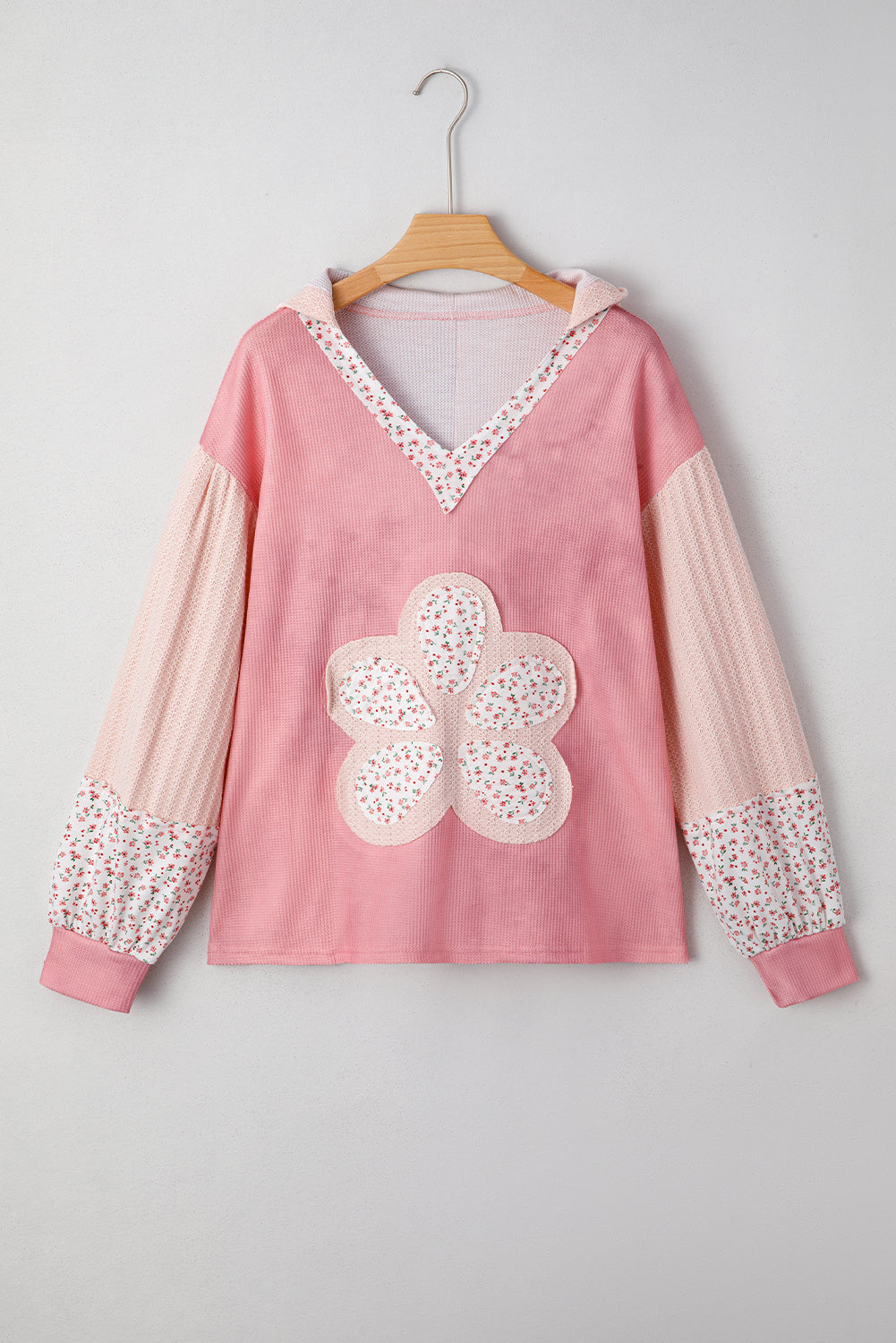 Pink Floral Patched Waffle Textured Colorblock V Neck Casual Hooded Top