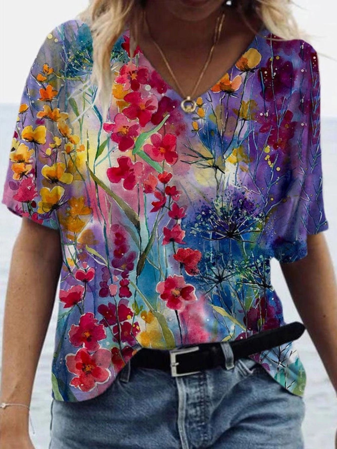Floral Print V Neck T-Shirt, Short Sleeve Casual Top