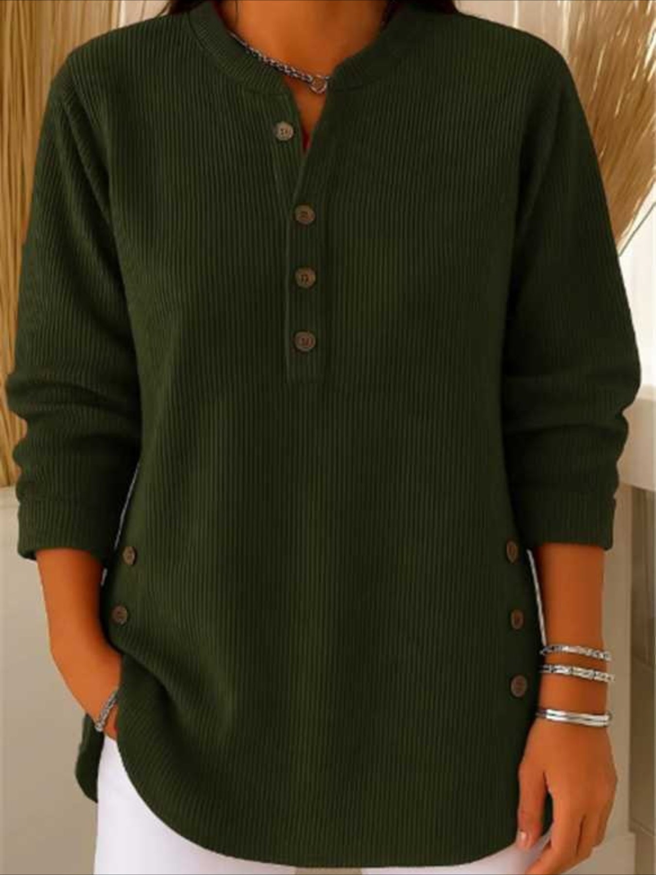 Corduroy Solid Color Loose Casual V-Neck Button Long Sleeve Top