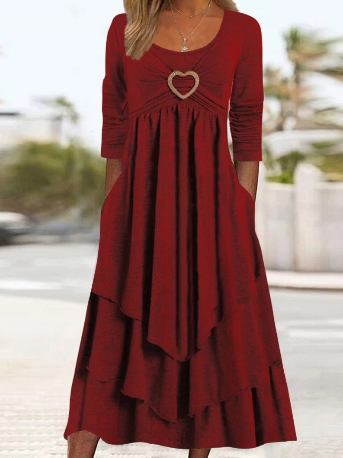 Women's Plain Long Sleeve Layered Heart Ring Decor Round Neck Maxi Dress