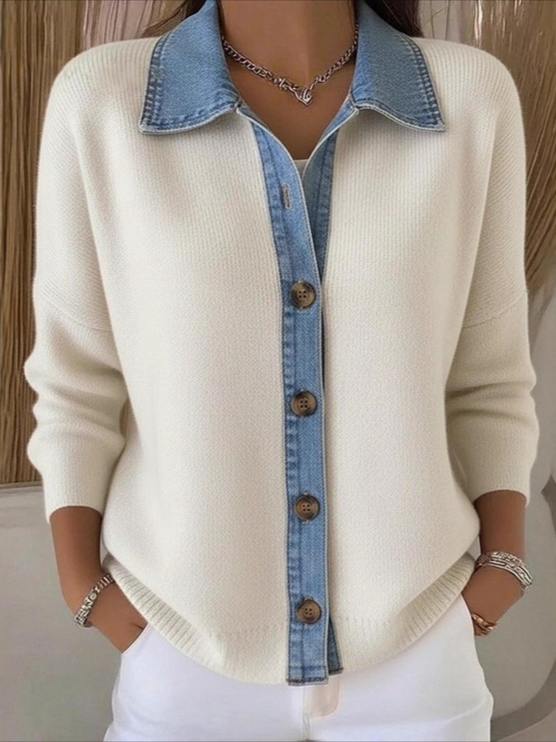 Denim Printing Polo Collar Button-down Knitted Cardigan Sweater