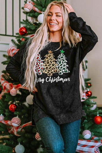 Black Merry Christmas Leopard Trees Graphic Sweatshirt