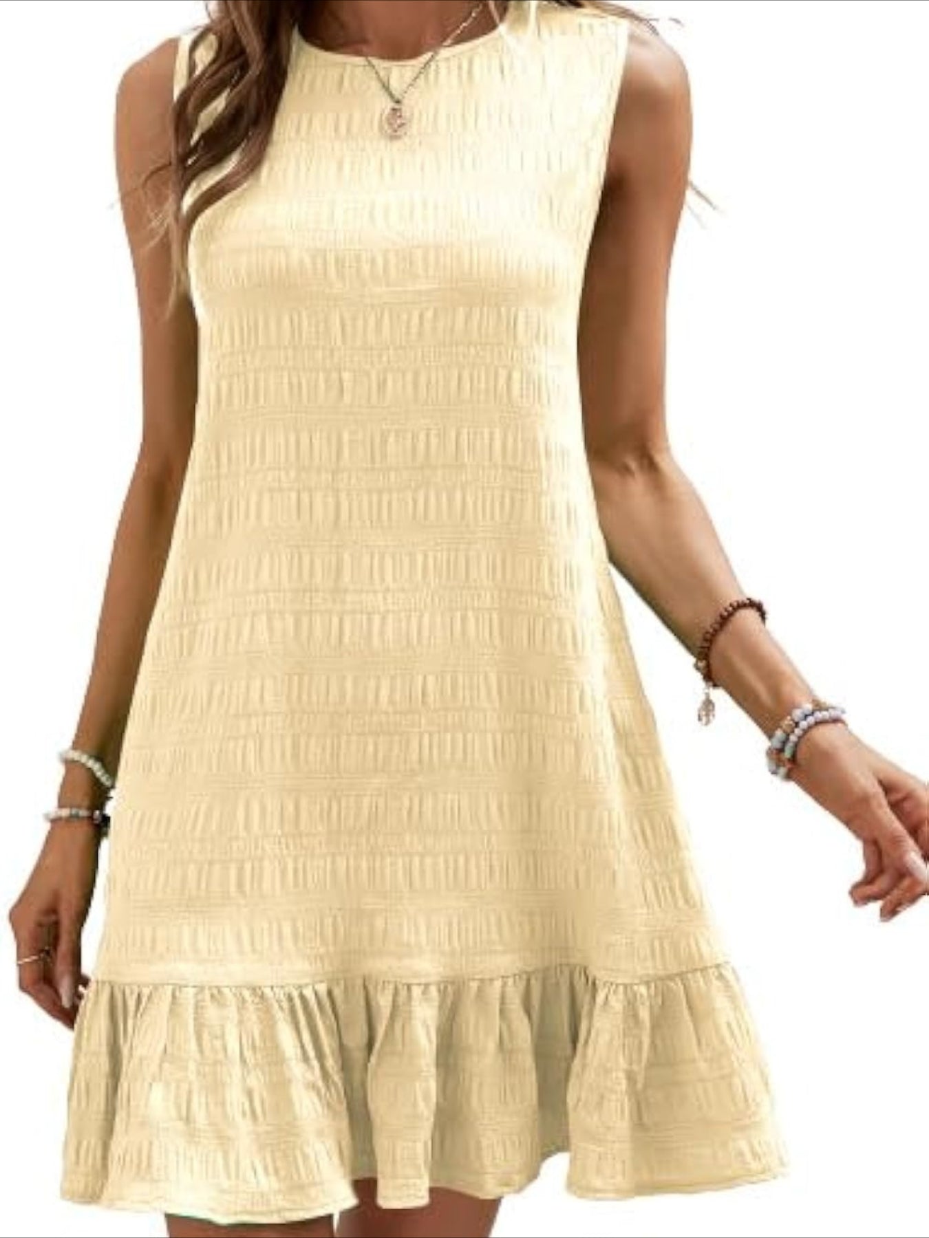 Women's Sleeveless Summer Dress with Ruffle Hem and Casual Crew Neck