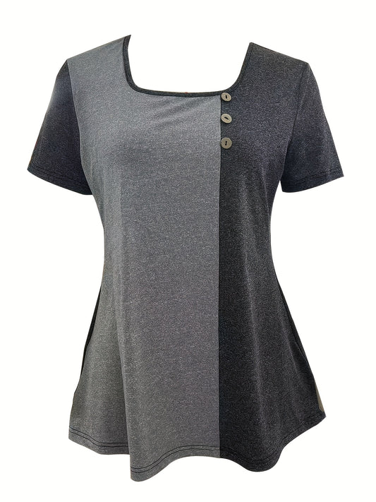 Women's Colorblock Button T-Shirt - Stylish and Comfortable Short Sleeve Top