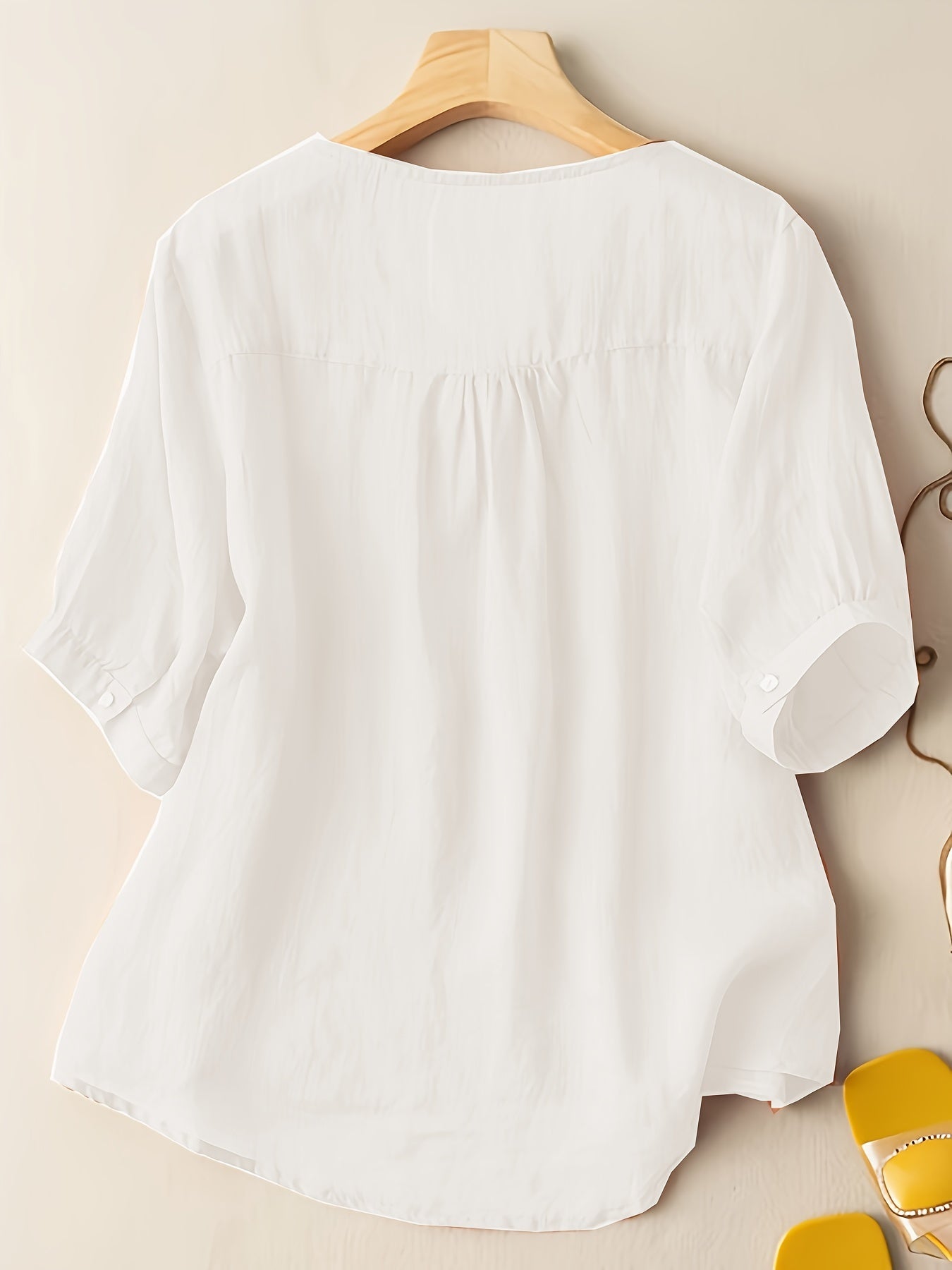 Floral Embroidery V Neck T-shirt, Vintage Half Sleeve Cotton Loose T-shirt
