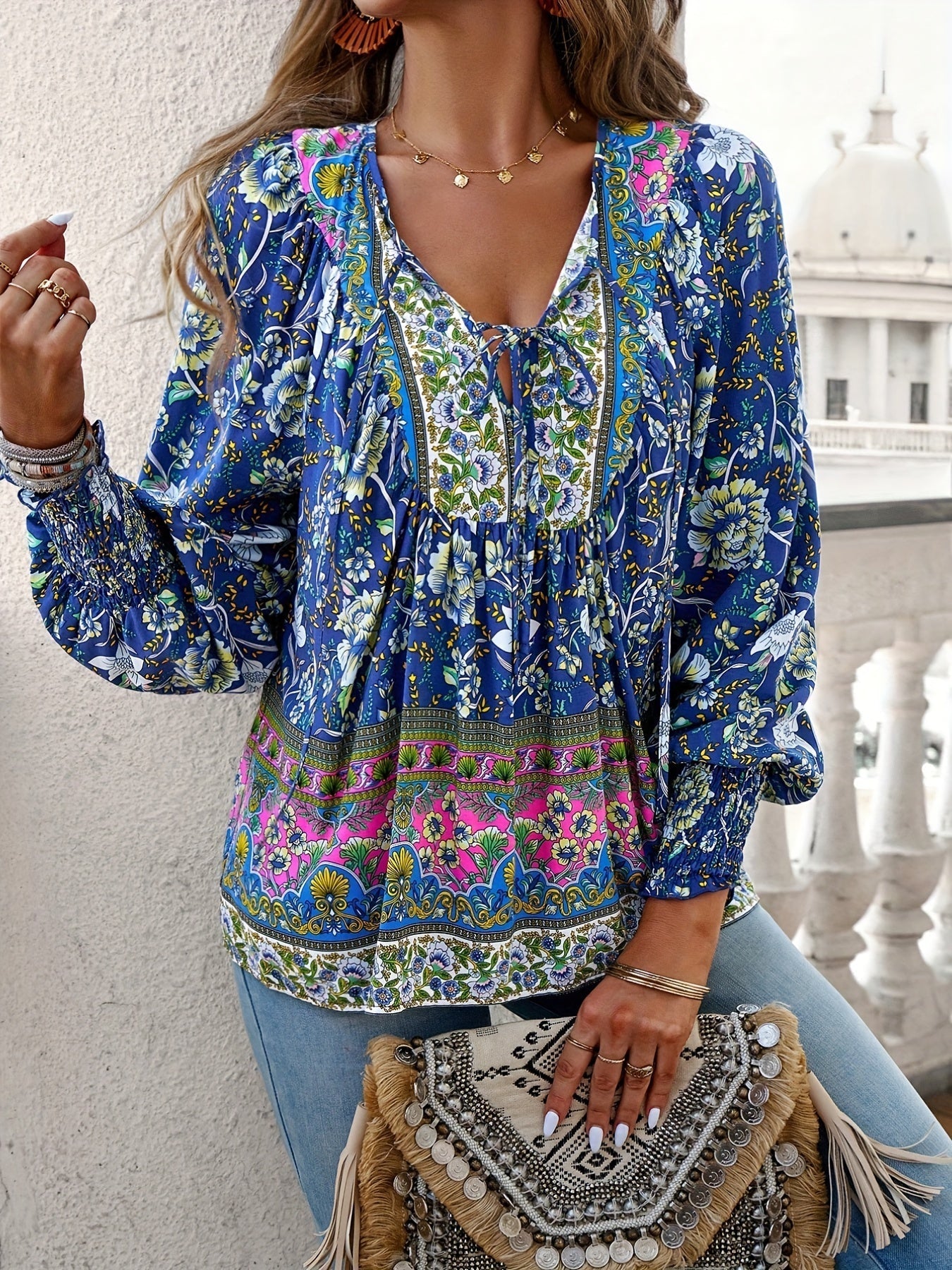 Drawstring Long Sleeve Casual Floral Print V Neck Blouse
