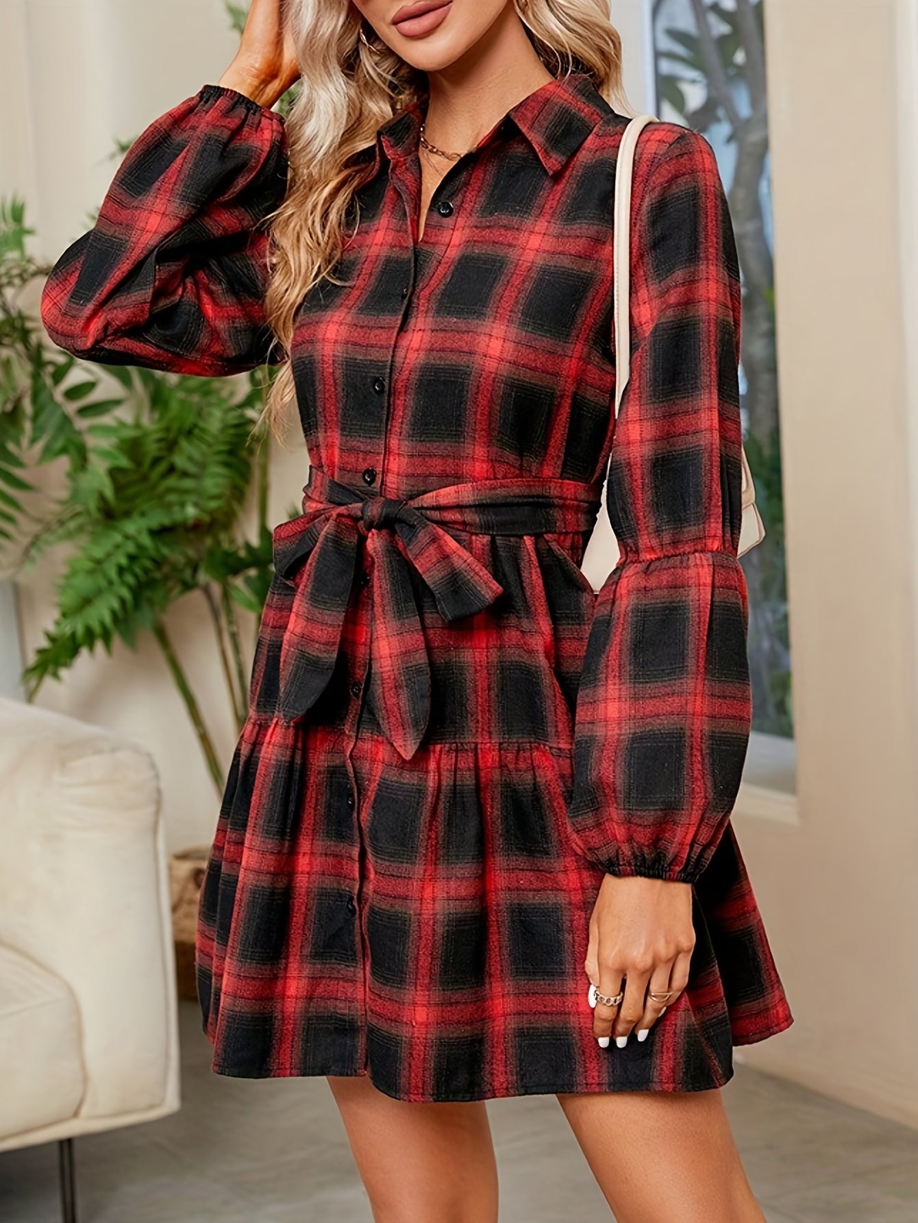 Plaid Button Front Belted Dress, Casual Lantern Sleeve Dress