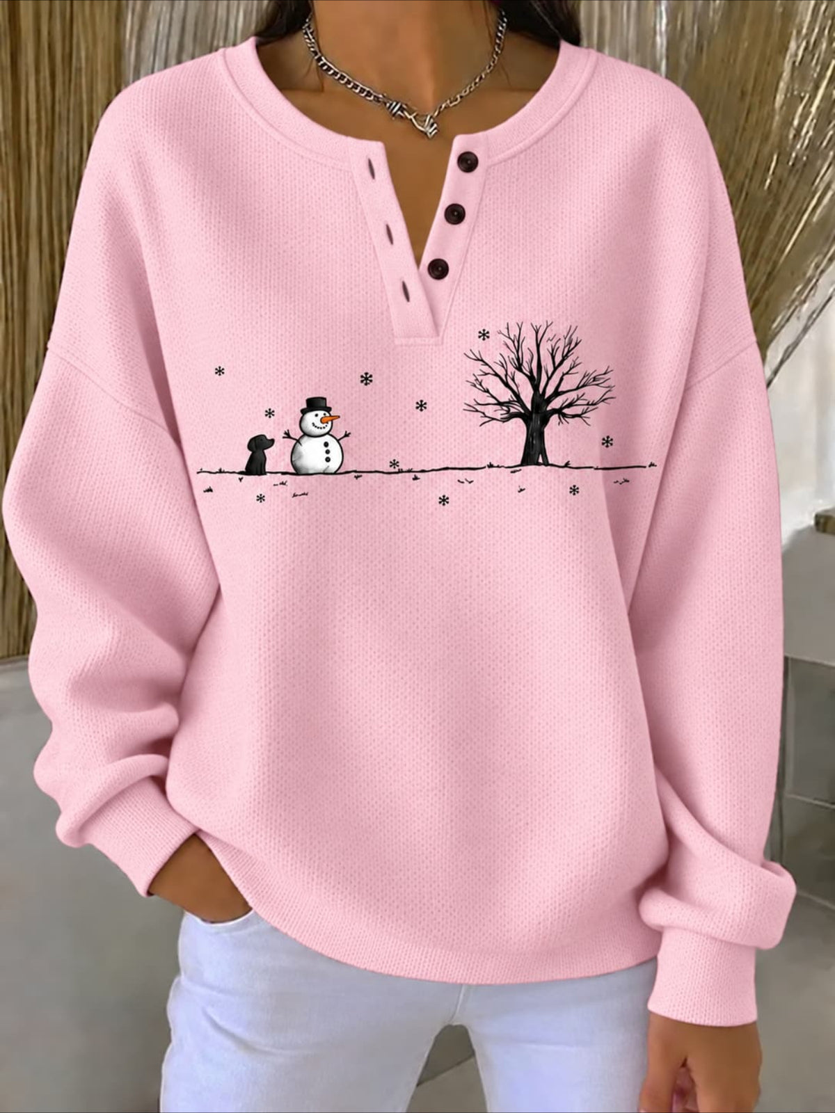 Winter Snowman Puppy Print Crew Neck Button Long Sleeve Top