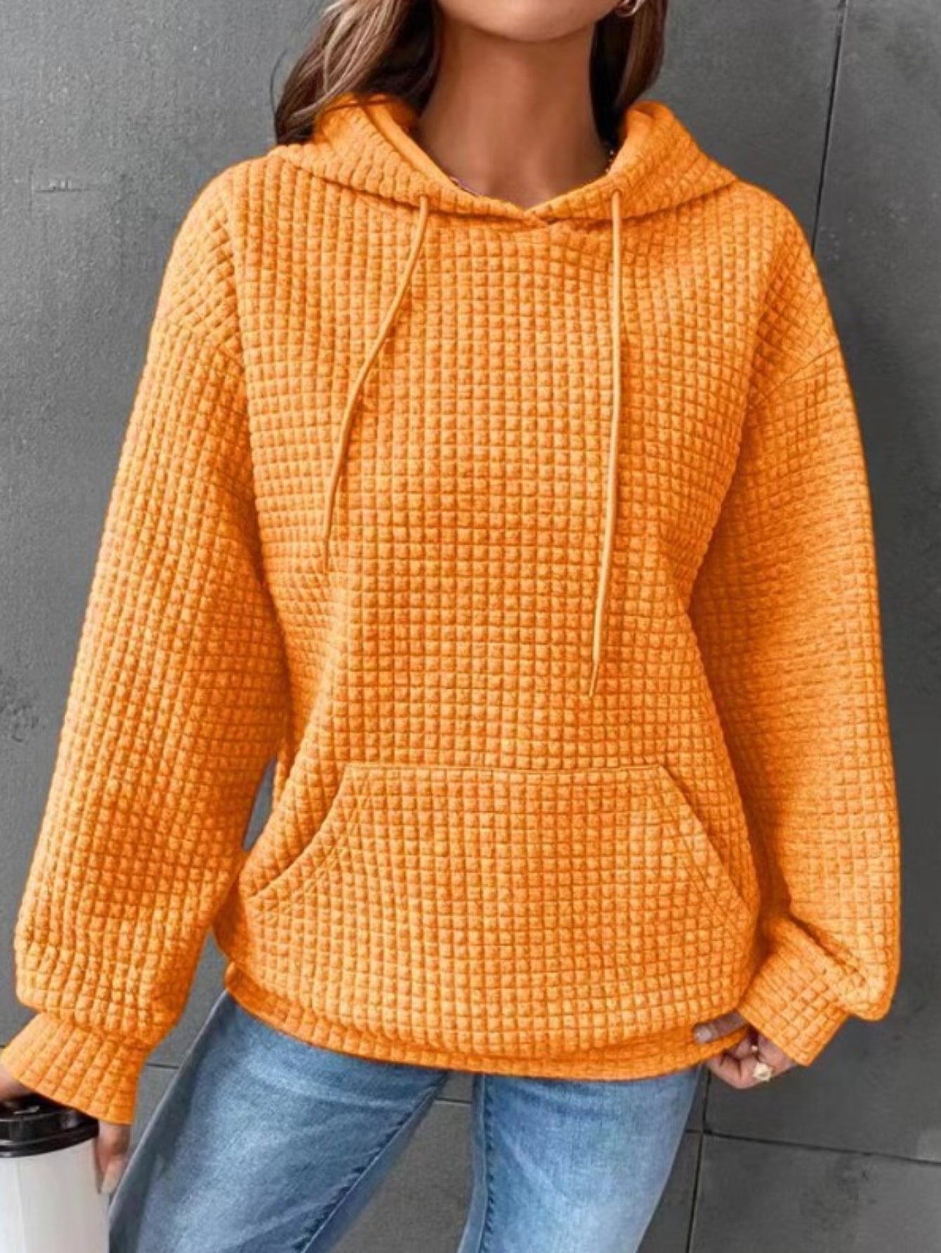 Waffle Grid Kangaroo Pocket Hoodie, Casual Long Sleeve Drawstring Hoodies Sweatshirt