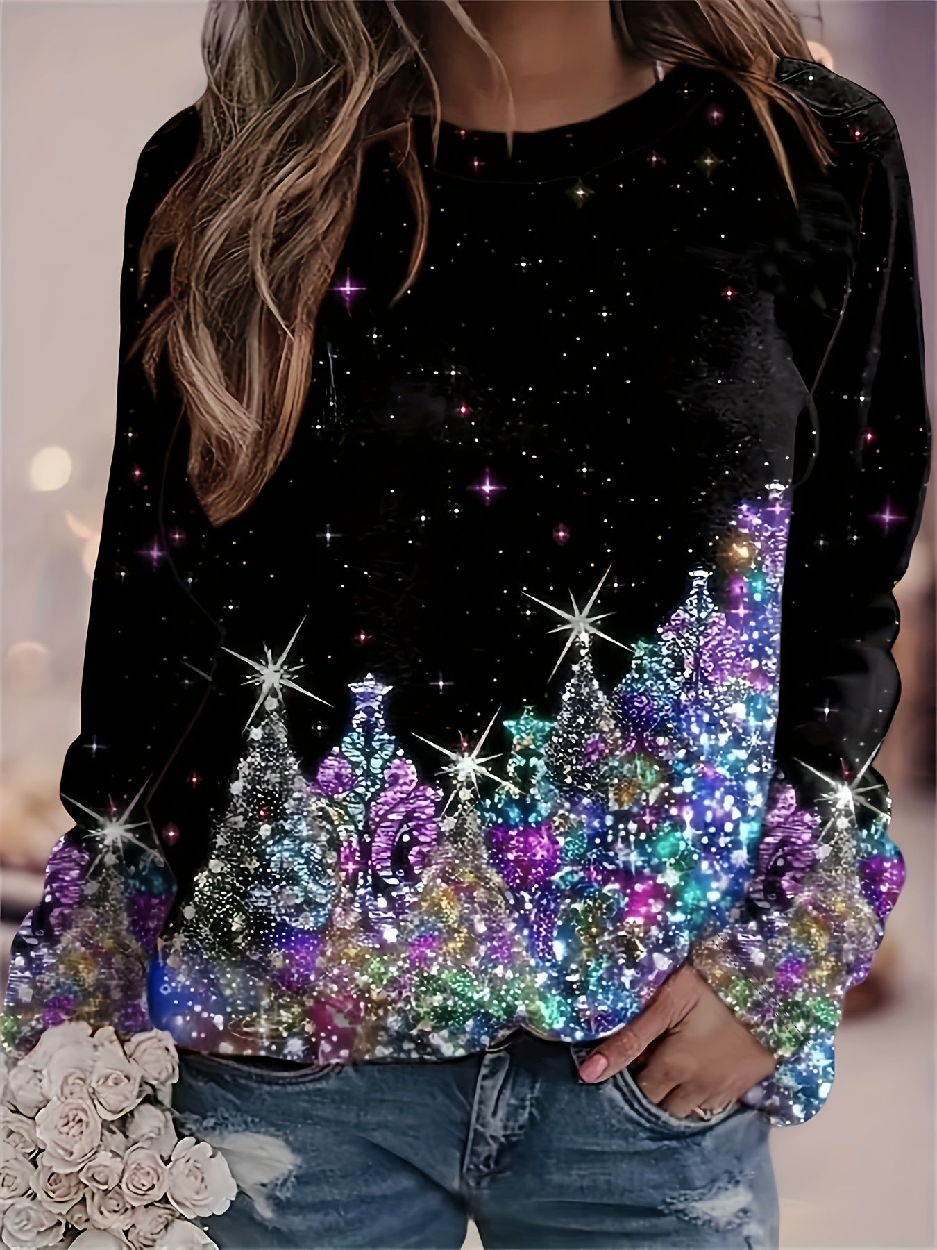 Christmas Tree Print Crew Neck T-Shirt, Casual Long Sleeve T-Shirt