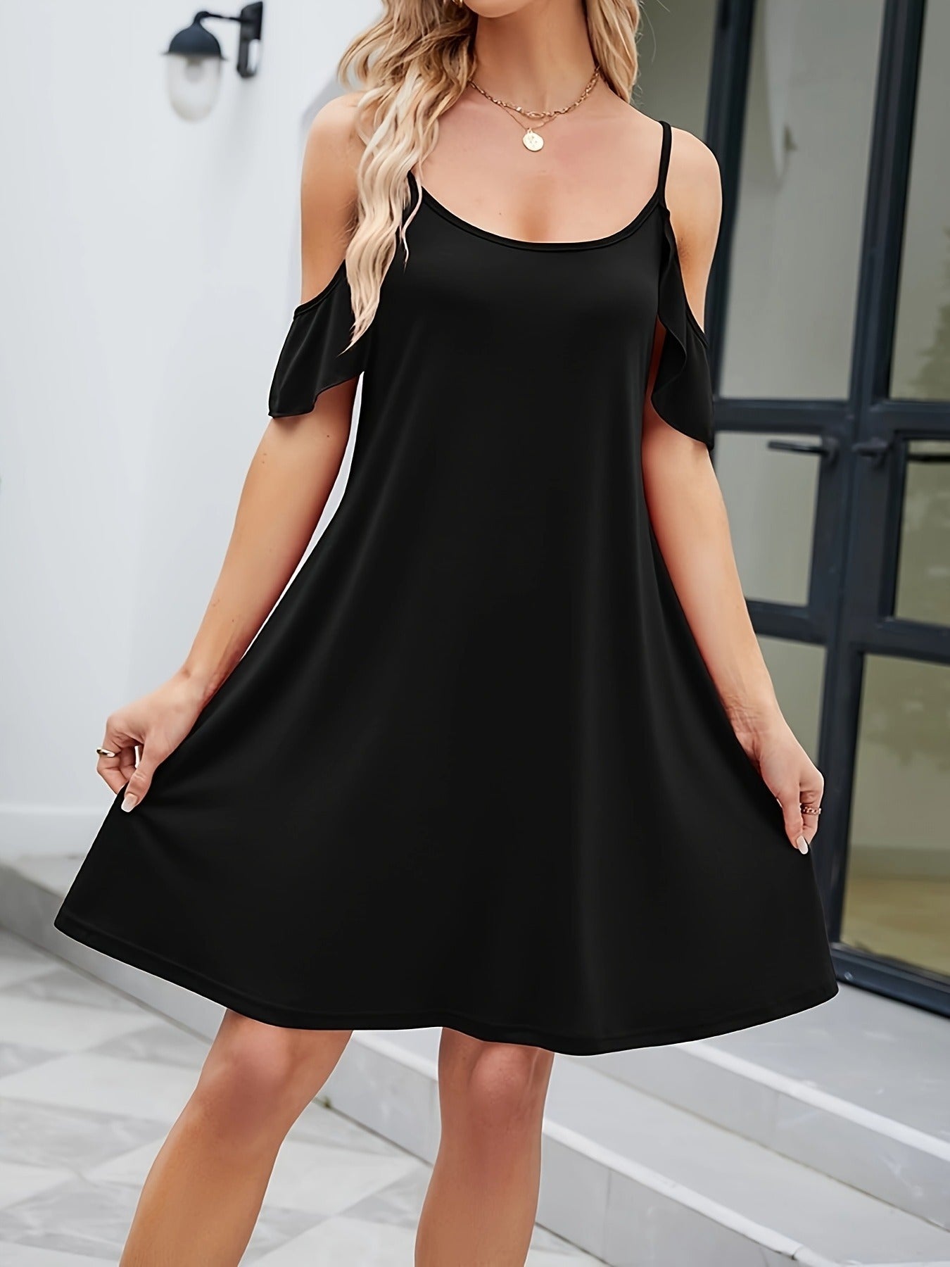 Cold Shoulder A-line Dress, Elegant Short Sleeve Dress