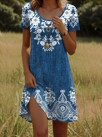 Floral Crew Neck Short Sleeve Fit & Flare A-Line Dress