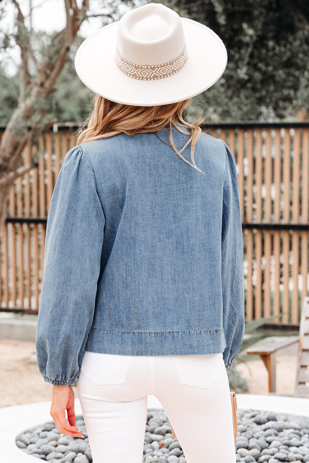 Dusk Blue Tied Front Long Puff Sleeve Denim Top
