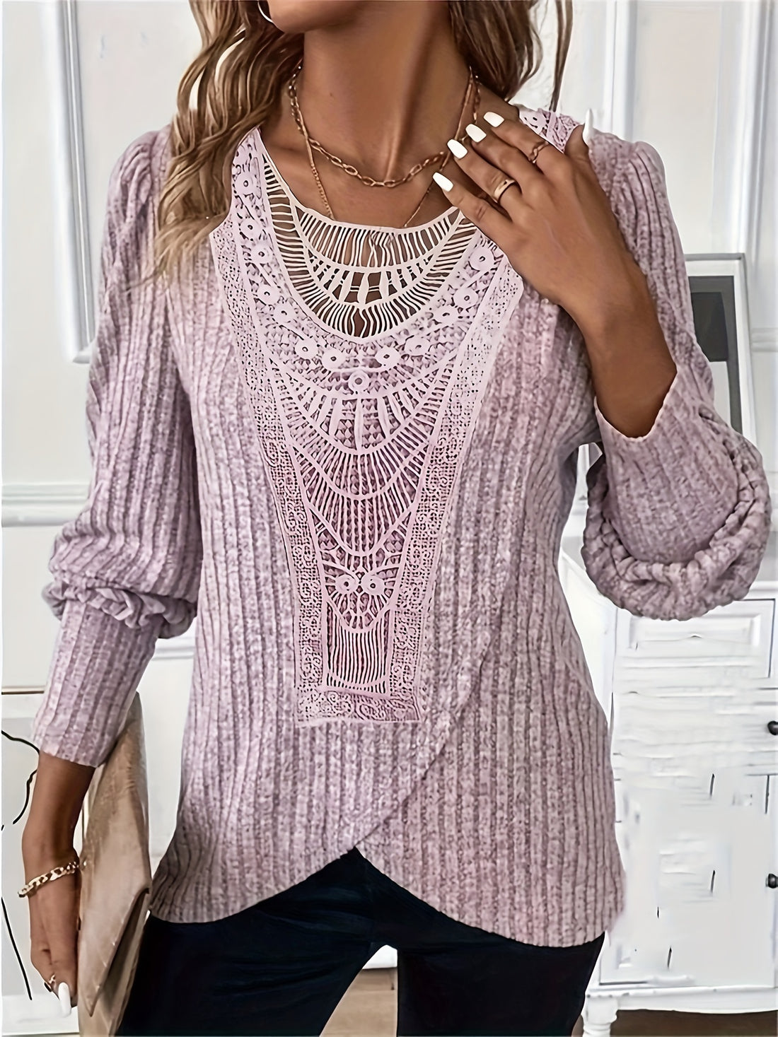 Lace Splicing Crew Neck T-shirt, Versatile Long Sleeve Cross Front Top