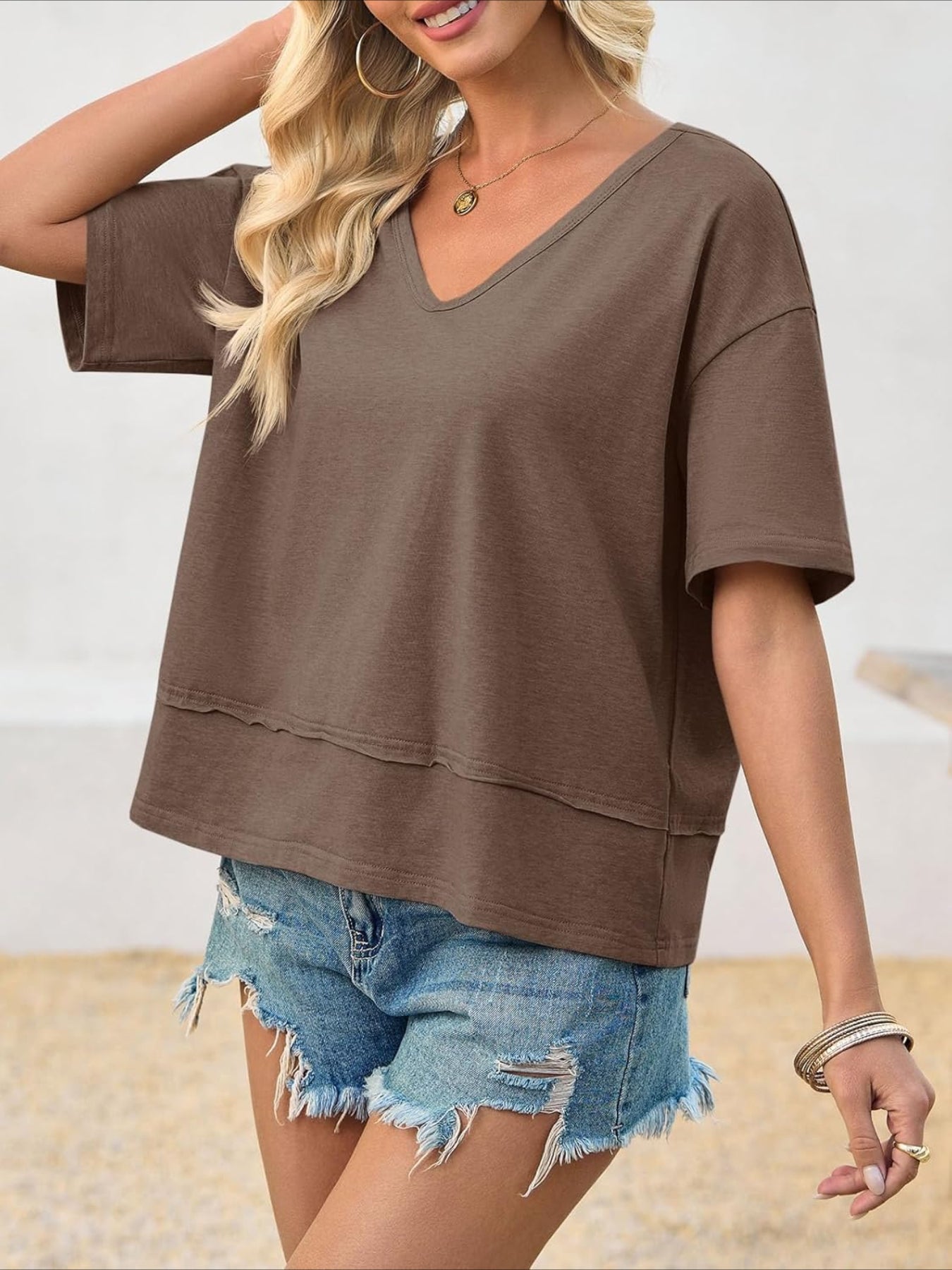 V Neck Casual Short Sleeve Flowy Cute Loose Fit Basic Tees