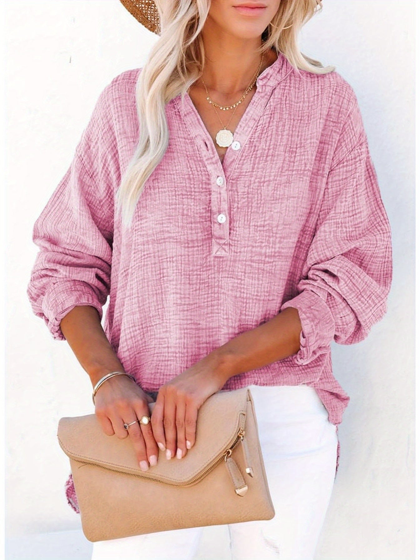 Long Sleeve Button Solid Color Pleated Detail Casual Oversized V-Neck Blouse