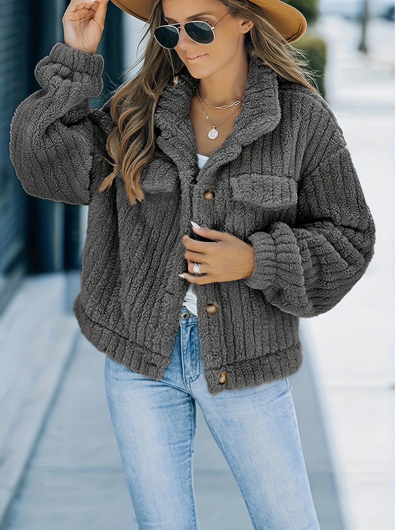 Solid Faux Fur Trucker Jacket, Casual Long Sleeve Jacket