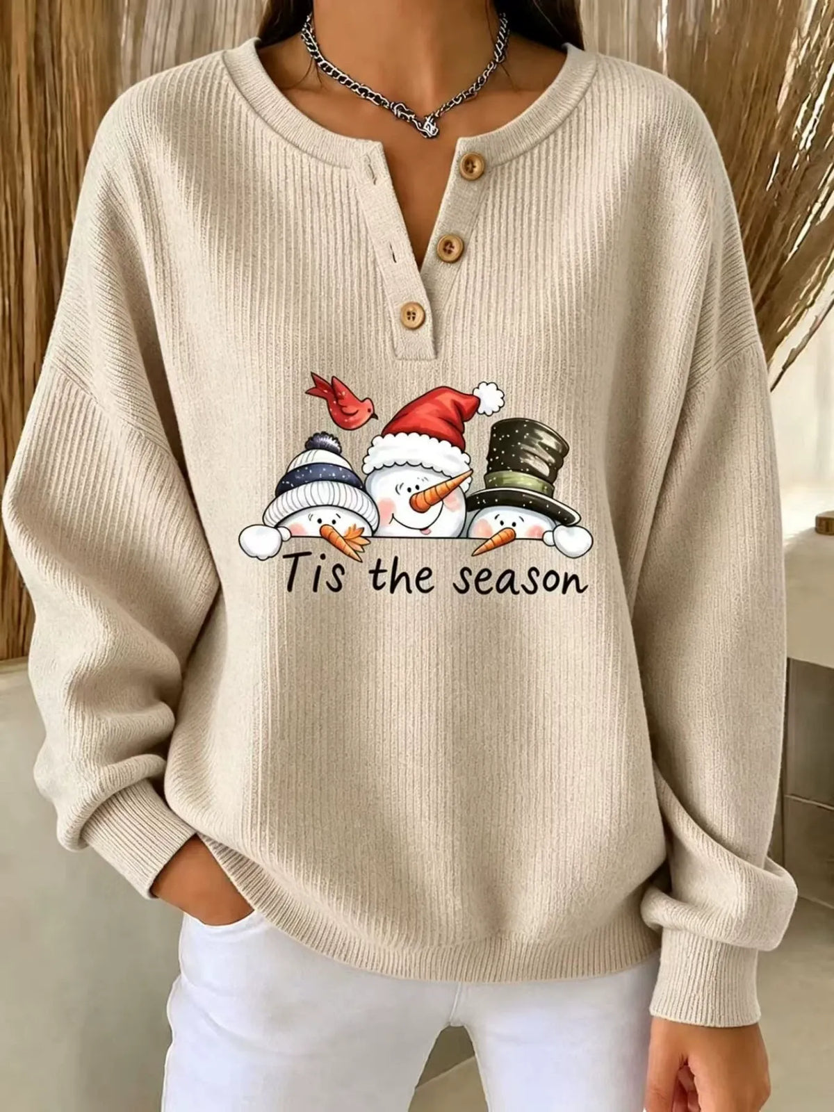 Christmas Themed Snowman Graphic Ribbed Henley Sweatshirt