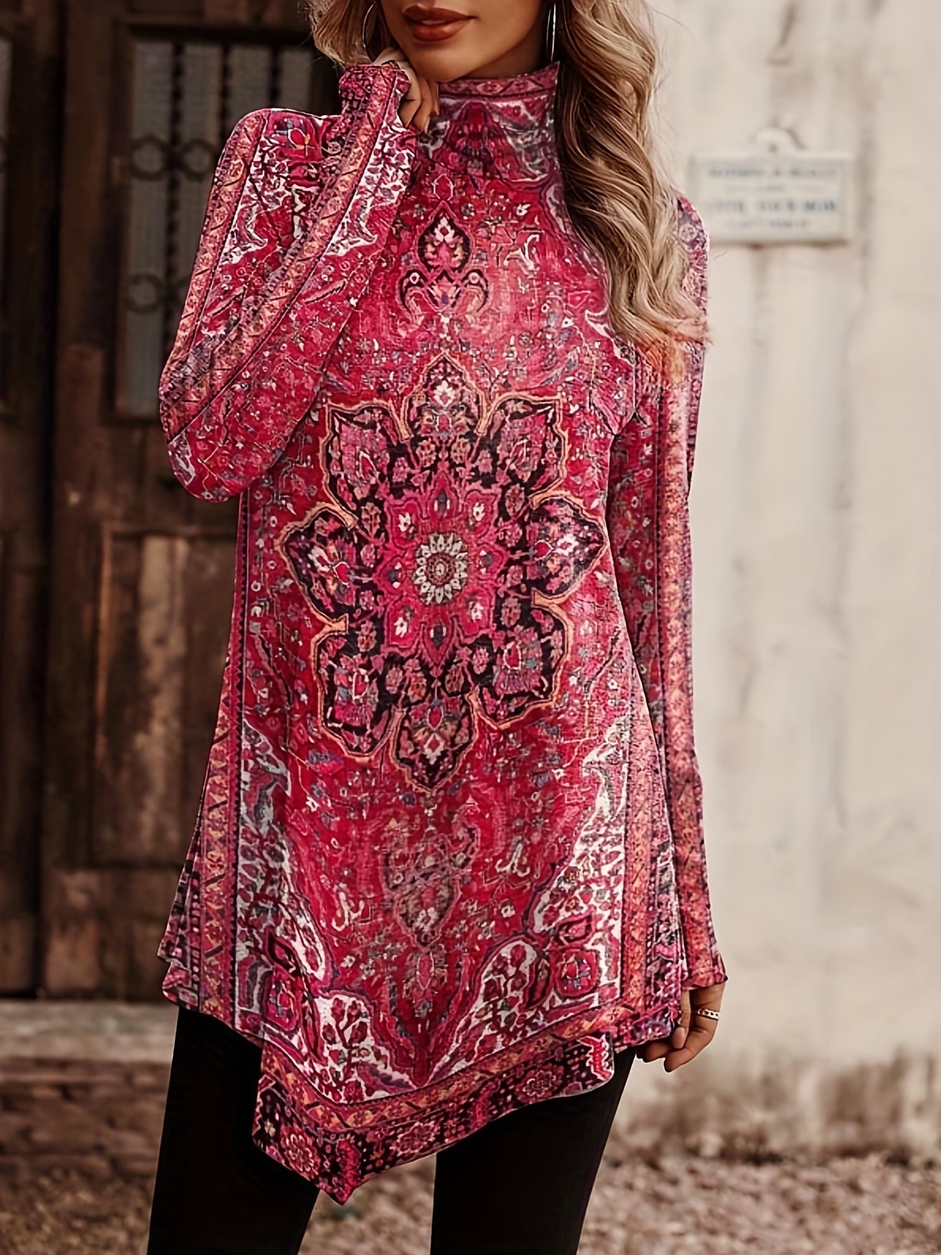 Ethnic Floral Print High Neck Tunics, Boho Long Sleeve Tunic Tops
