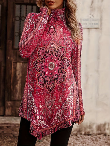 Ethnic Floral Print High Neck Tunics, Boho Long Sleeve Tunic Tops