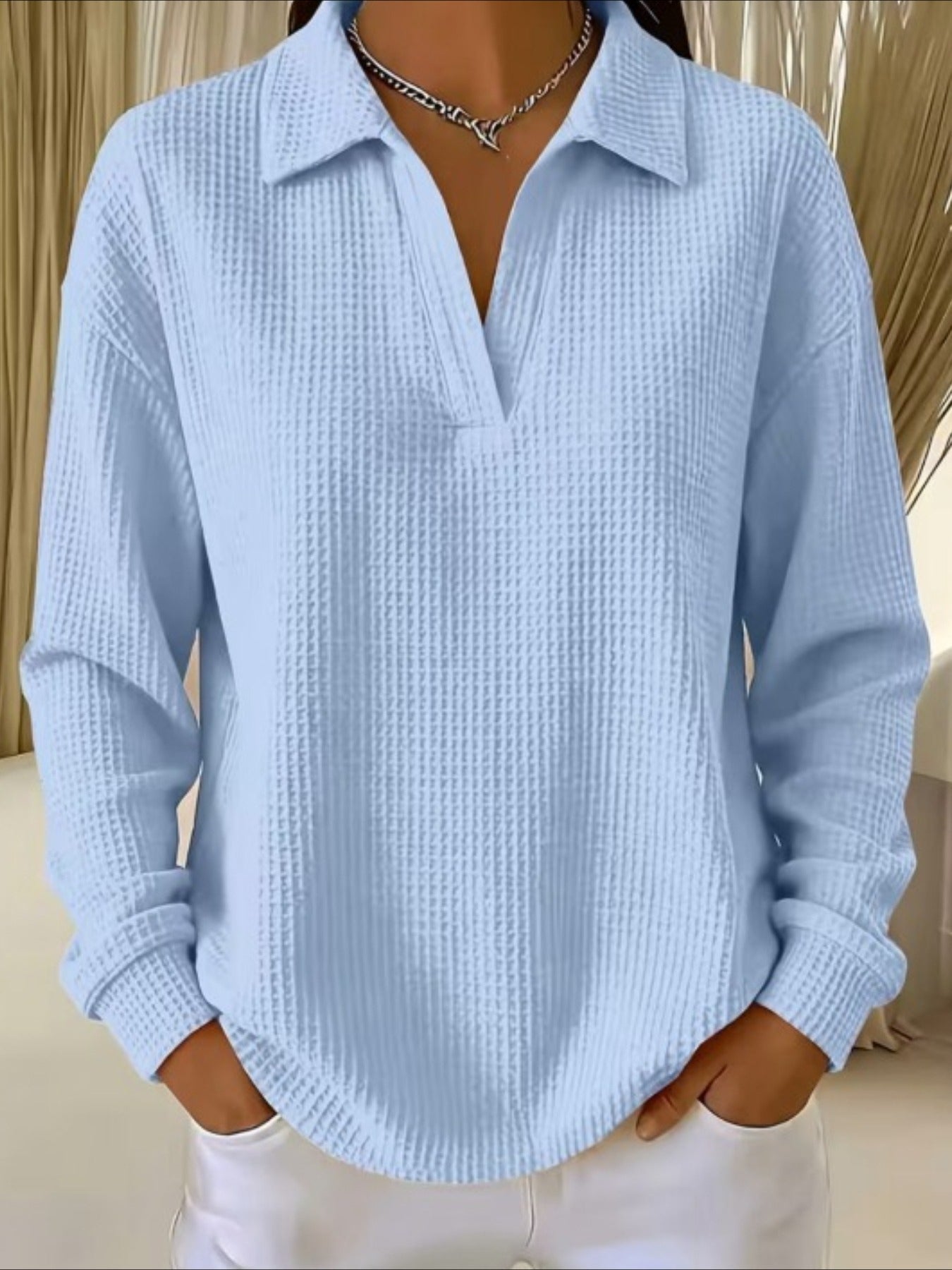 Waffle Lapel Neck Long Sleeve Polo Top
