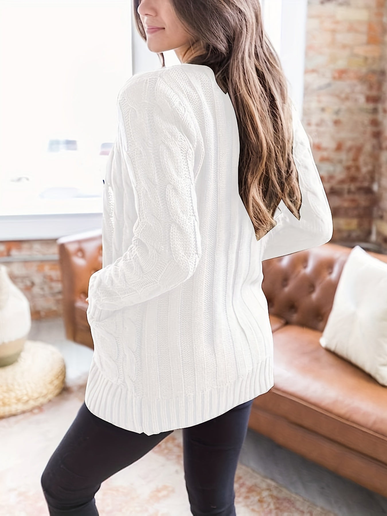 Cable Knit Button Front Cardigan, Casual Solid Long Sleeve Cardigan