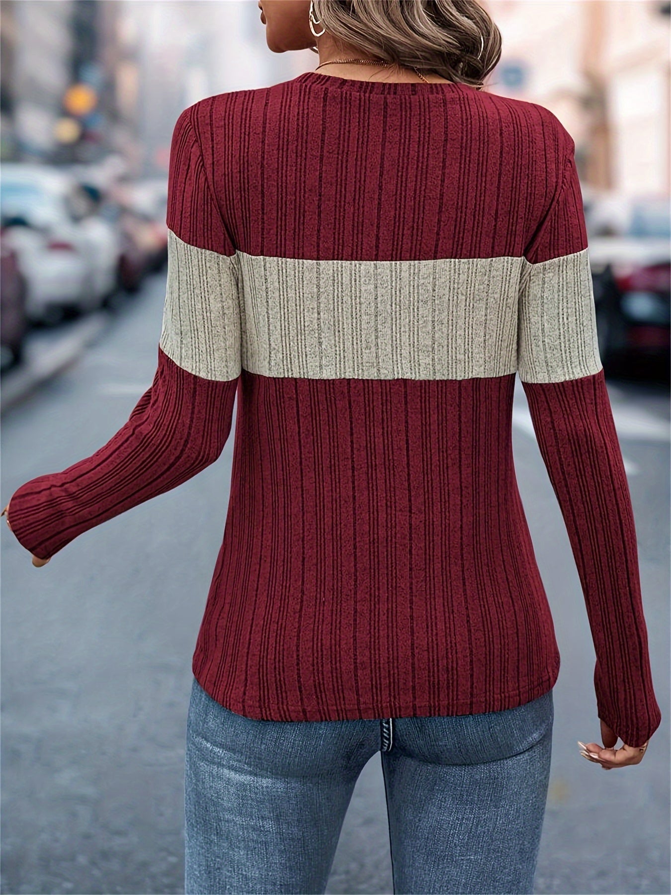 Color Block Crew Neck T-Shirt, Casual Long Sleeve Top