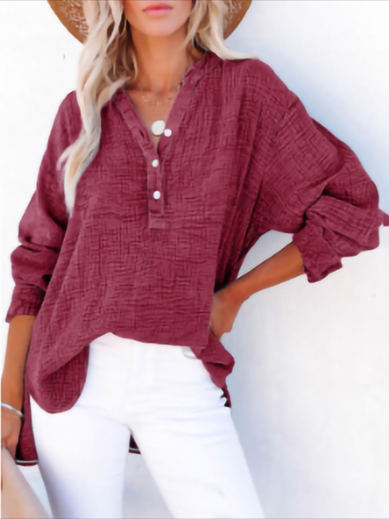 Long Sleeve Button Solid Color Pleated Detail Casual Oversized V-Neck Blouse