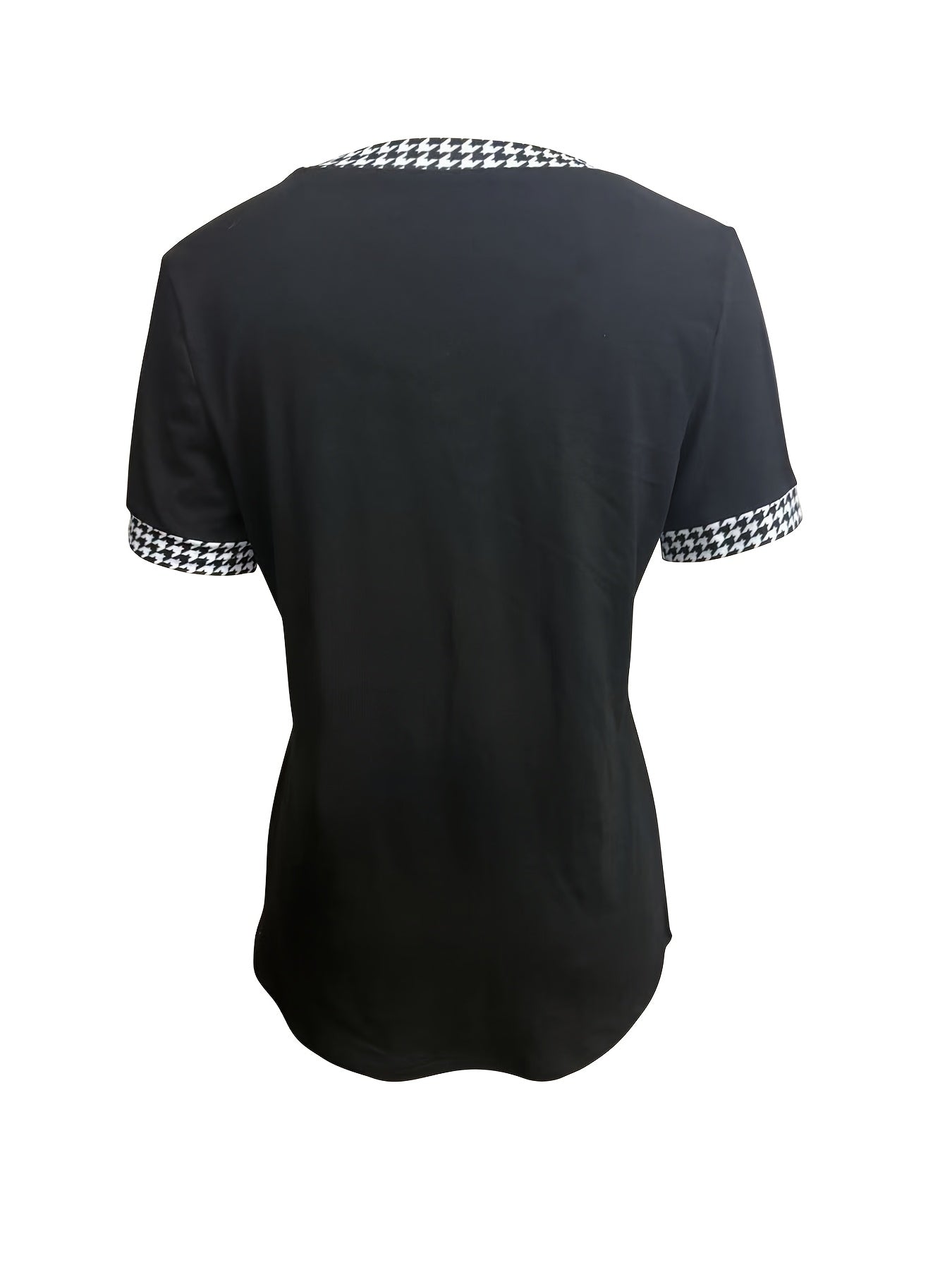 Elegant Short Sleeve Houndstooth Contrast V-Neck Tee