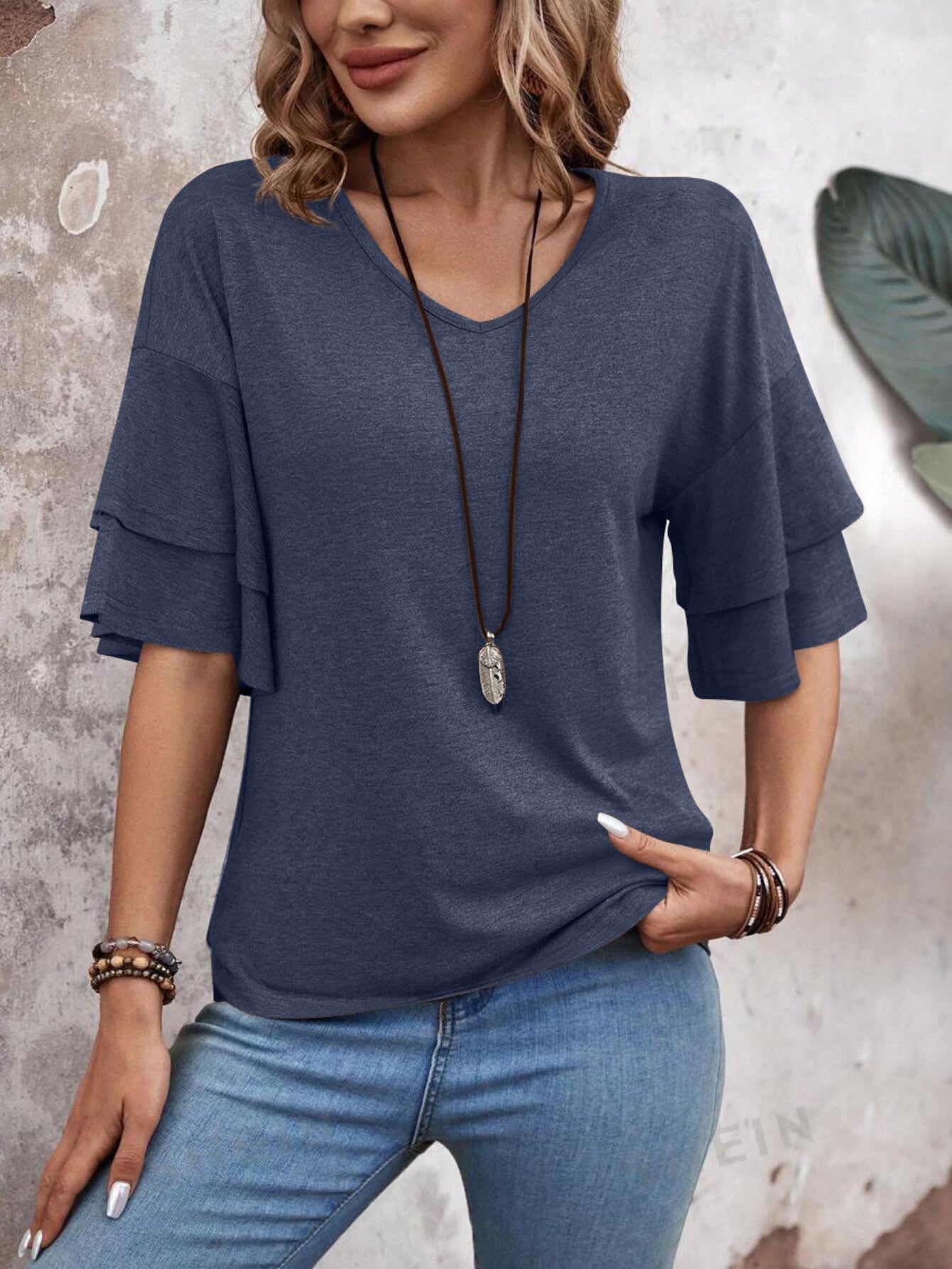 Casual Solid Color Flare Sleeve V Neck T-Shirt
