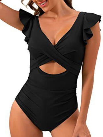 V Neck Ruched One Piece Swimsuit, Ruffle Cut Out Back Buckle High Cut Bathing Suit