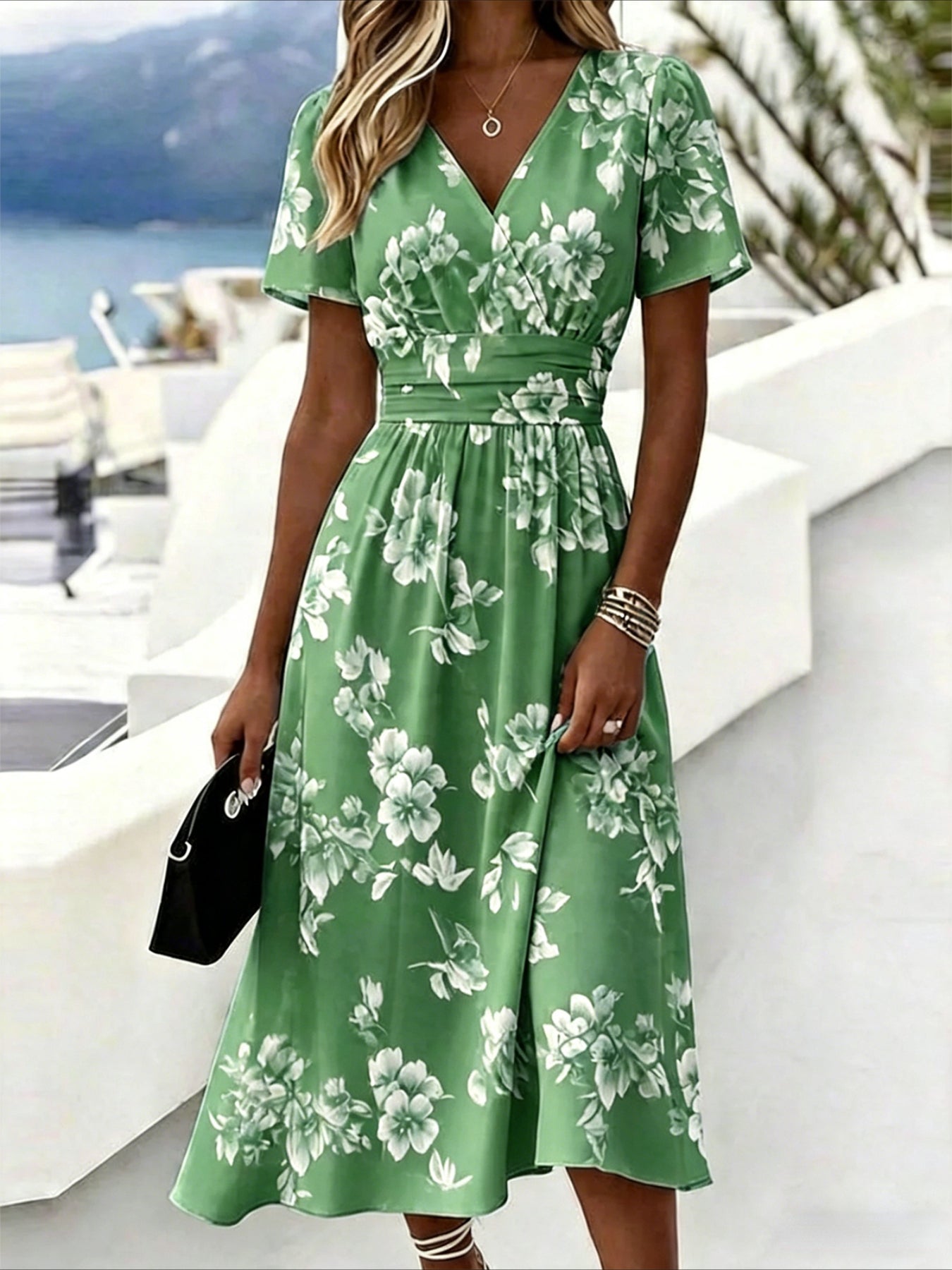 Floral Print V Neck Short Sleeve Beach A-Line Dress