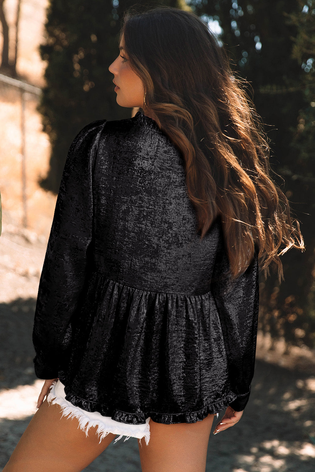 Black Metallic Frilled V Neck Puff Sleeve Babydoll Blouse