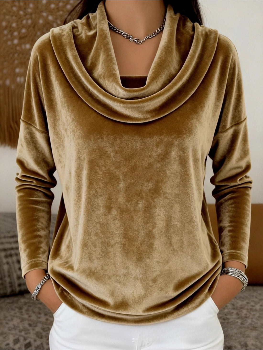 Solid Color Gold Diamond Fleece Round Neck Long Sleeve Top