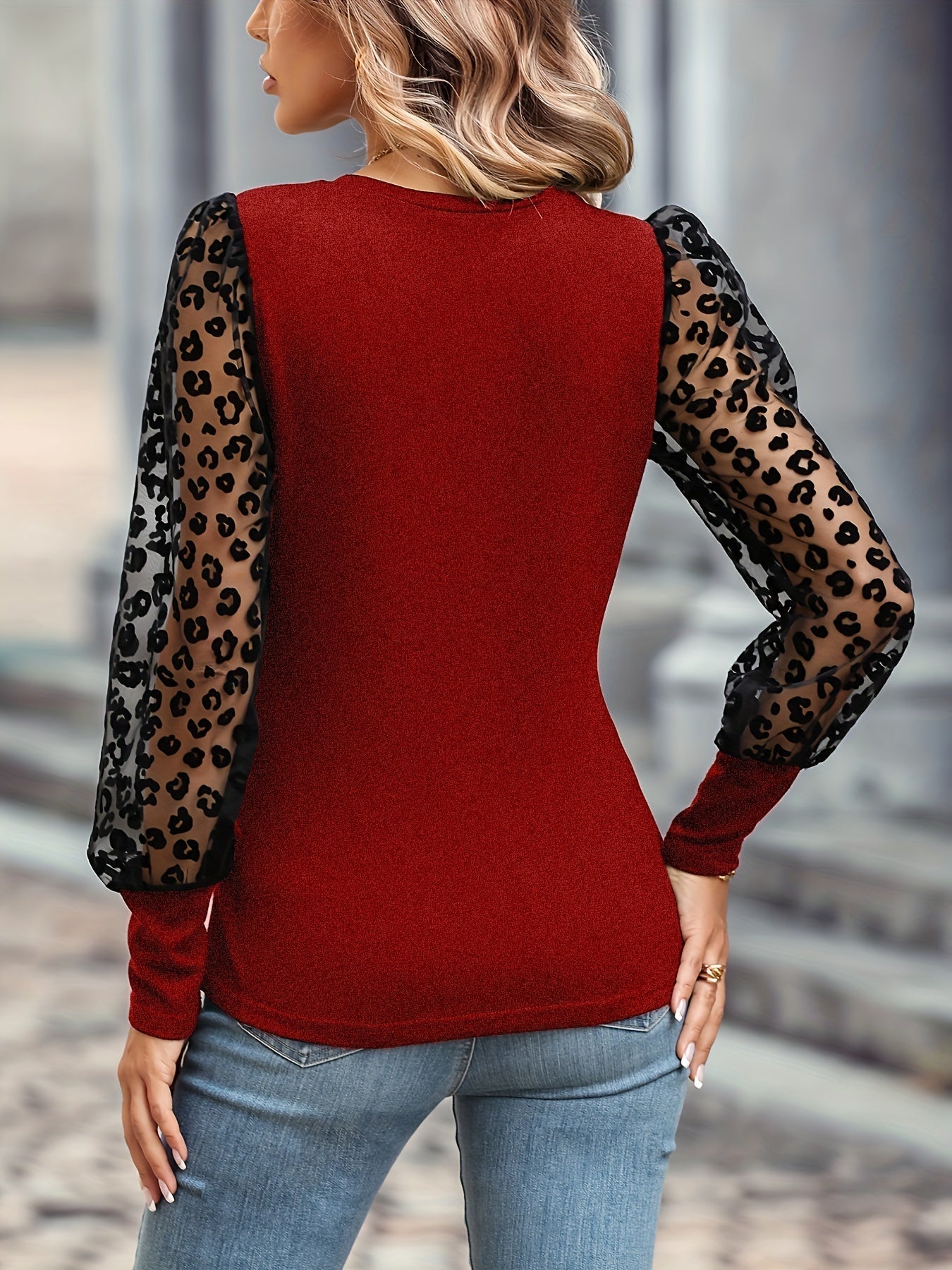 Solid Color Lace Patchwork Ballon Sleeve Ribbed Knit Tops, Elegant Everyday Blouse