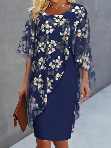 Floral Print Mesh Splicing Dress, Elegant Half Sleeve Slim Dress