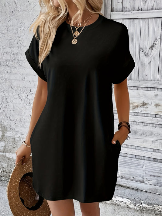 Crew Neck With Pocket Dress, Casual Short Sleeve Dress