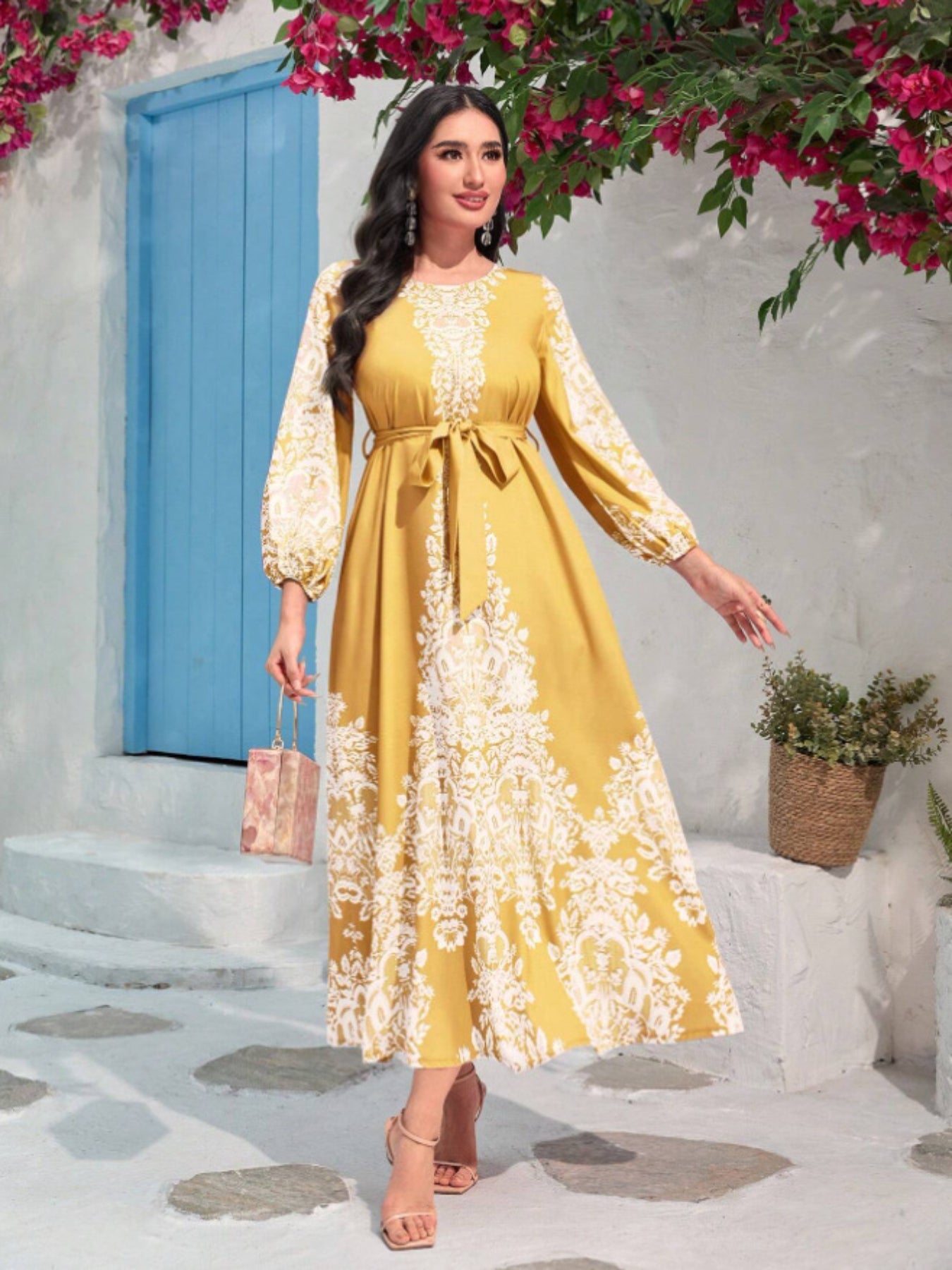 Graphic Print Tie Waist Kaftan Dress, Elegant Lantern Sleeve Maxi Length Dress