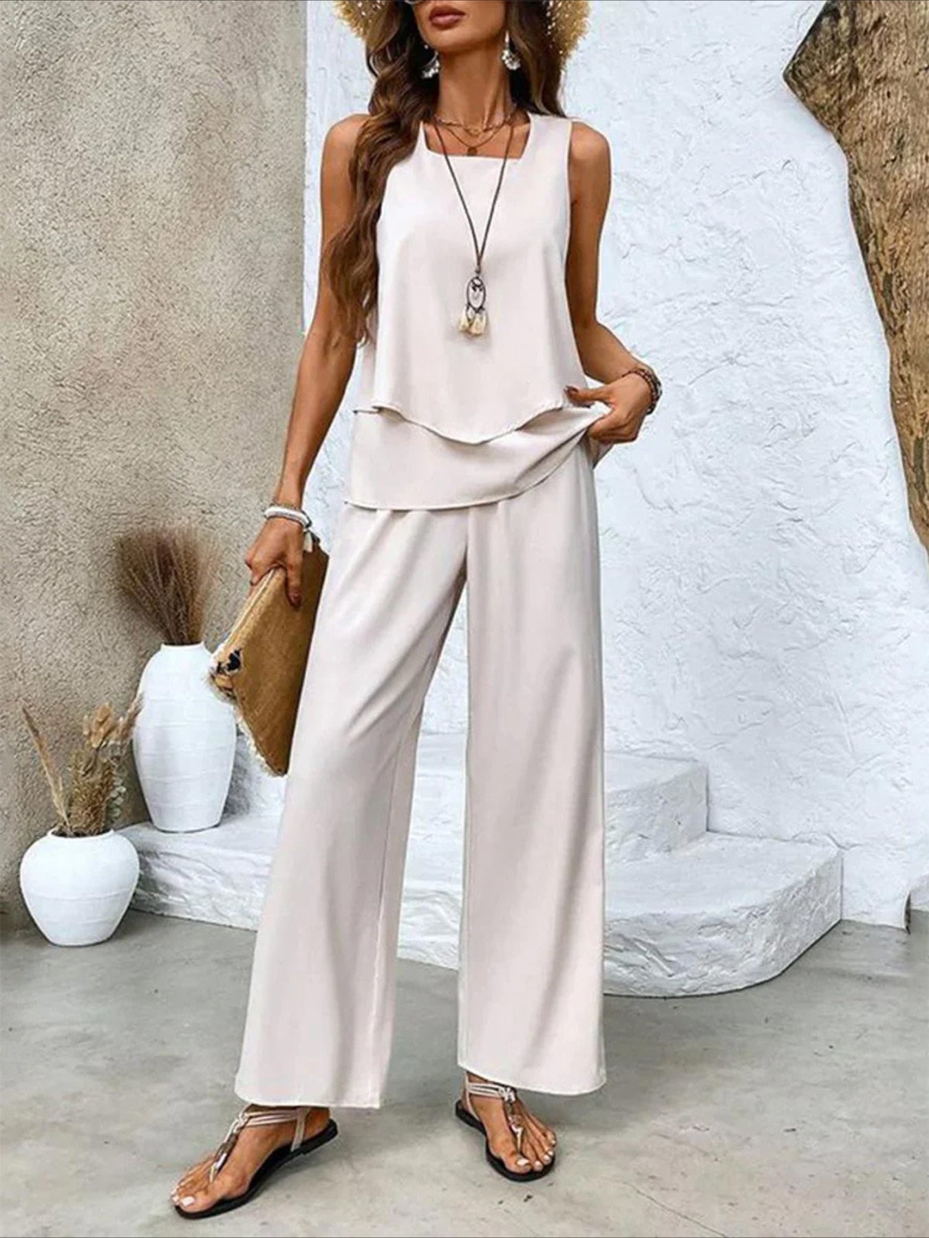 Crew Neck Sleeveless Layered Tank Top & Wide Leg Pants