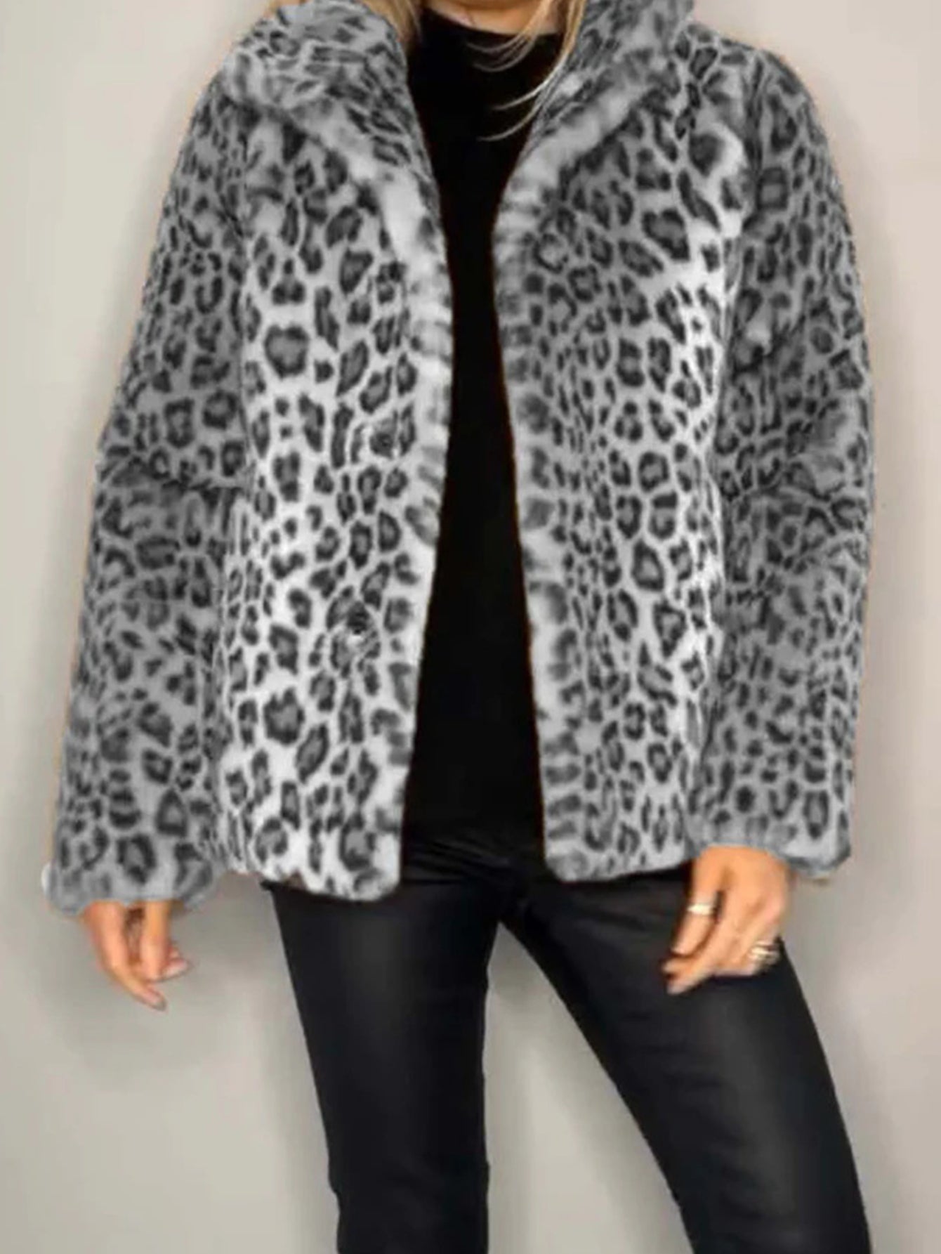 Full Size Leopard Furry Collared Neck Long Sleeve Coat