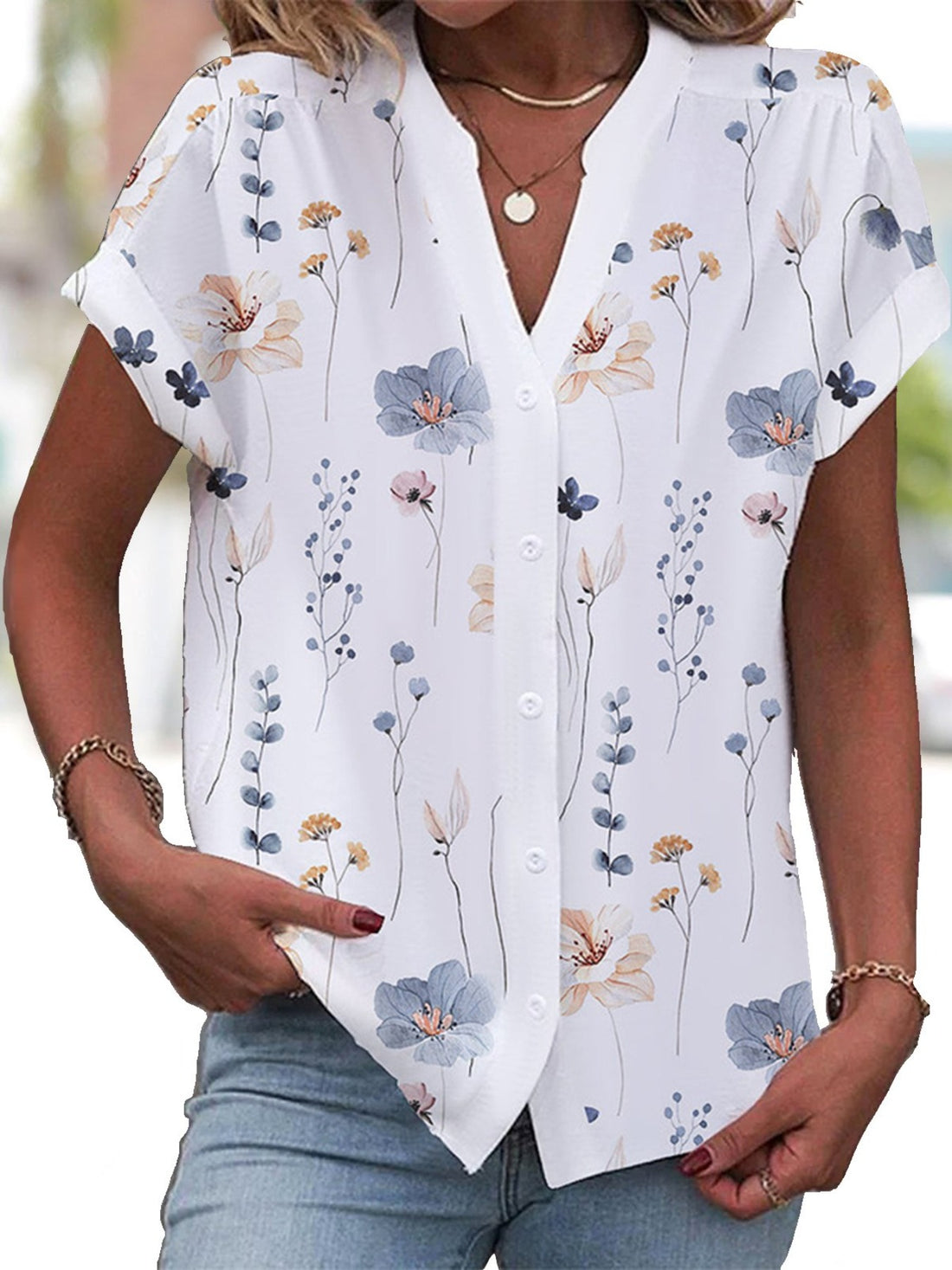 Women Casual Floral Buttoned Down Loose Short Sleeve Blouse