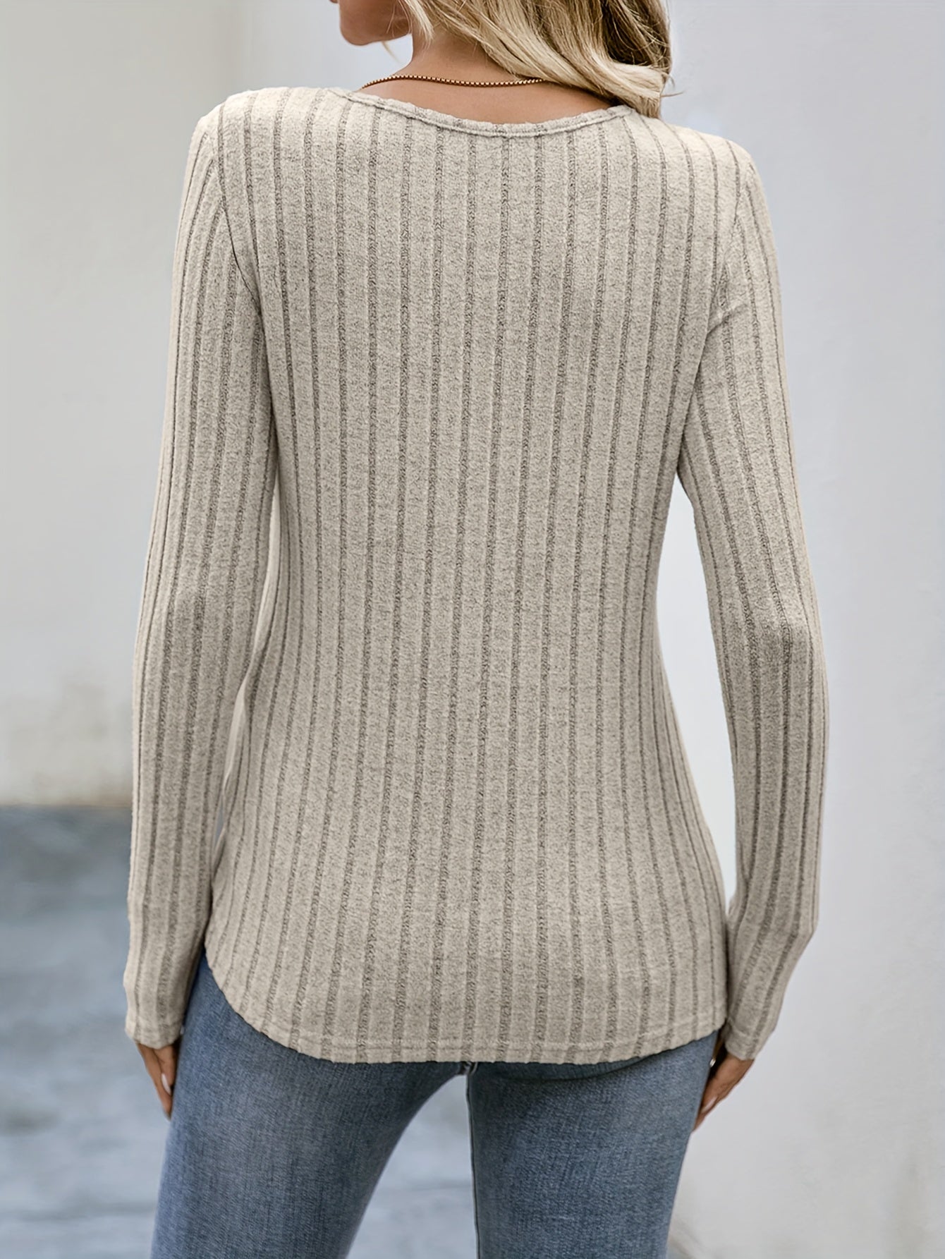 Ribbed Button Decor Crew Neck T-Shirt, Casual Long Sleeve Top